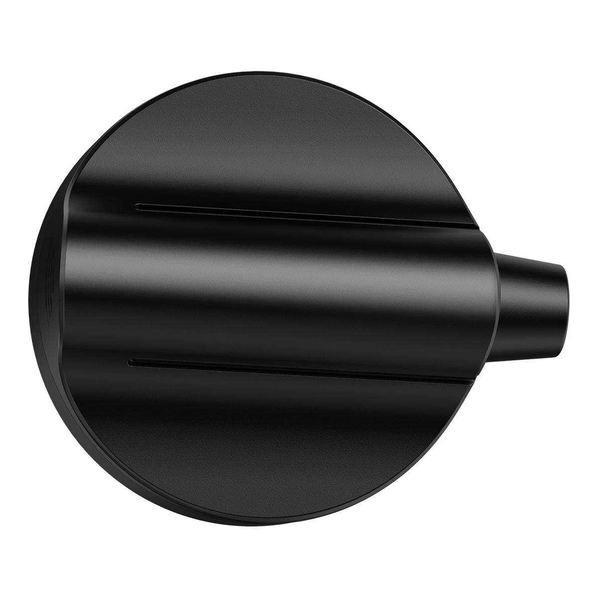Czarne, okrągłe urządzenie z cylindrycznym przedłużeniem. Na białym tle.