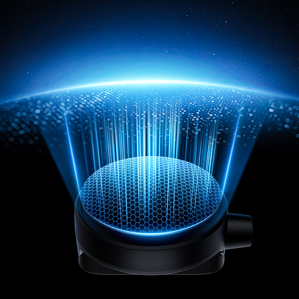 Czarny obiekt z niebieskimi promieniami światła i sześciokątnym wzorem. Tło jest granatowe.