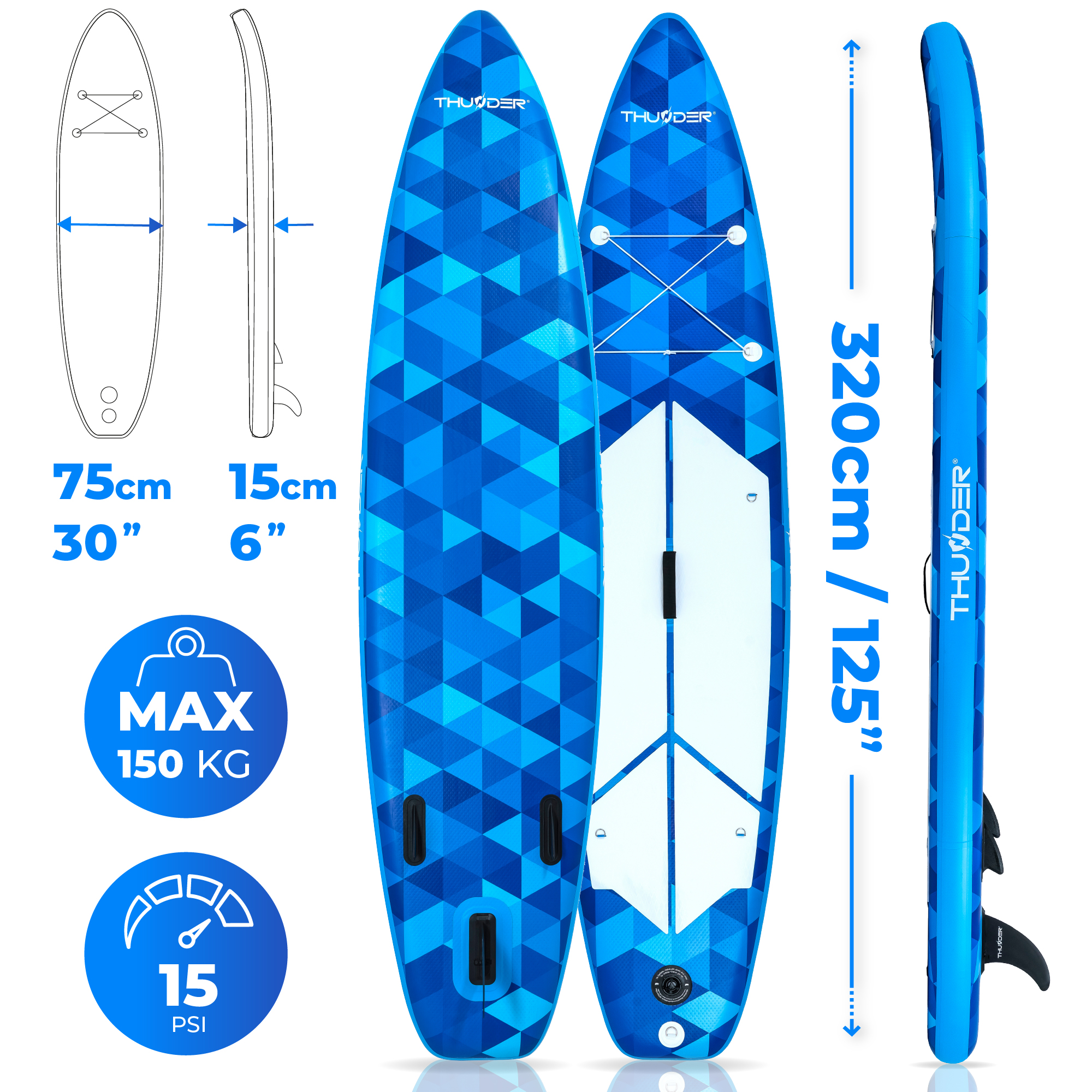 Niebieska deska do wiosłowania z geometrycznym wzorem. Po lewej stronie zdjęcia wyświetlane są wymiary i informacje o nośności.