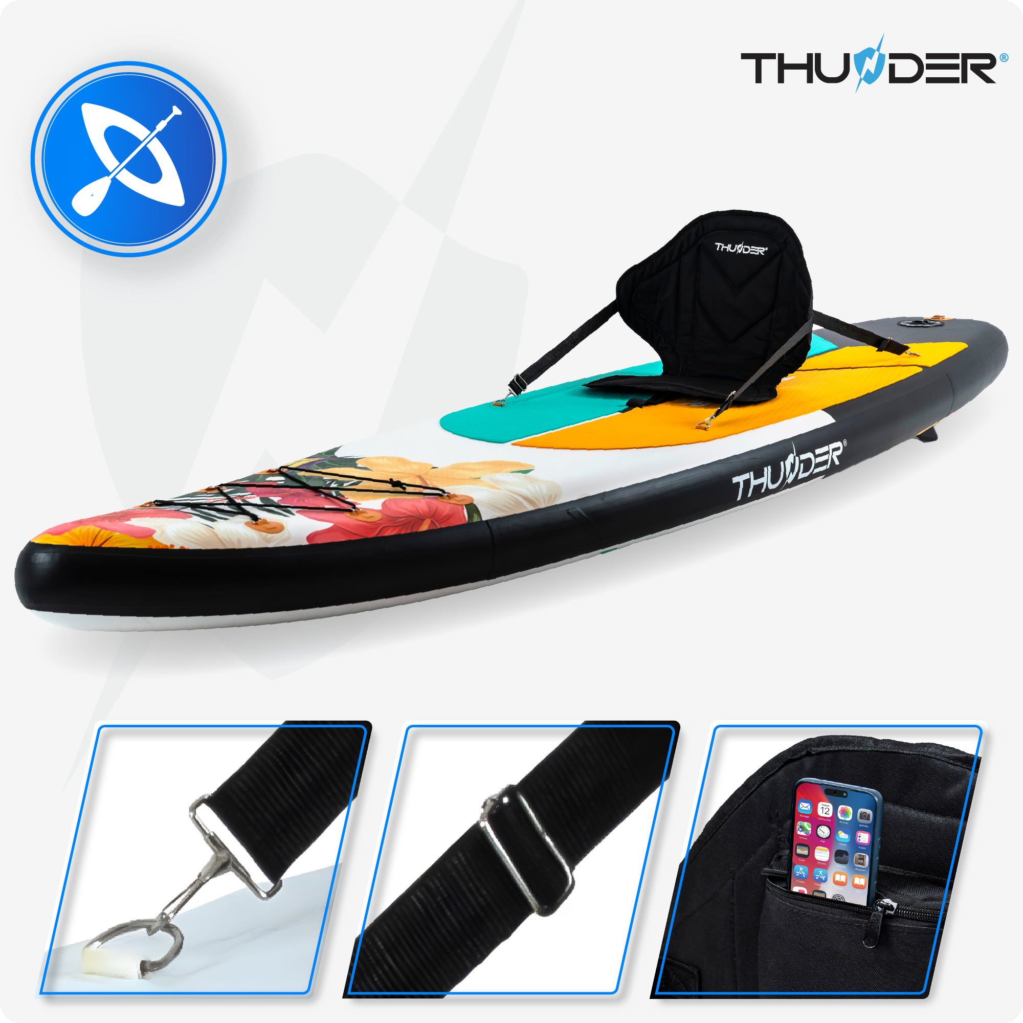 Deska do wiosłowania z siedzeniem, kwiatowym wzorem i akcesoriami. Zbliżenia pokazują paski, klamry i telefon w kieszeni.