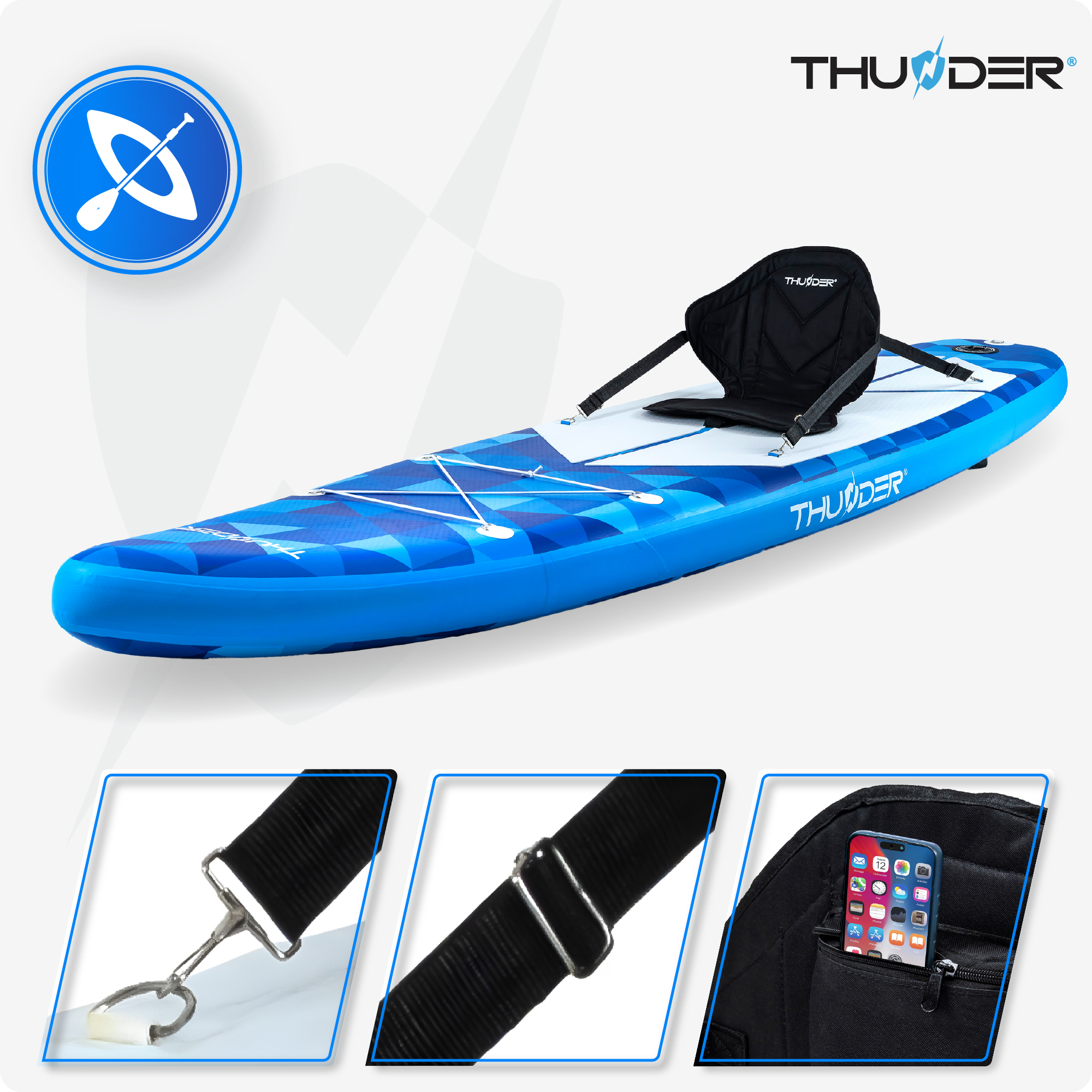 Niebieska deska do wiosłowania z siedzeniem, akcesoriami i logo. Zbliżenia pokazują paski, klamry i telefon w kieszeni.