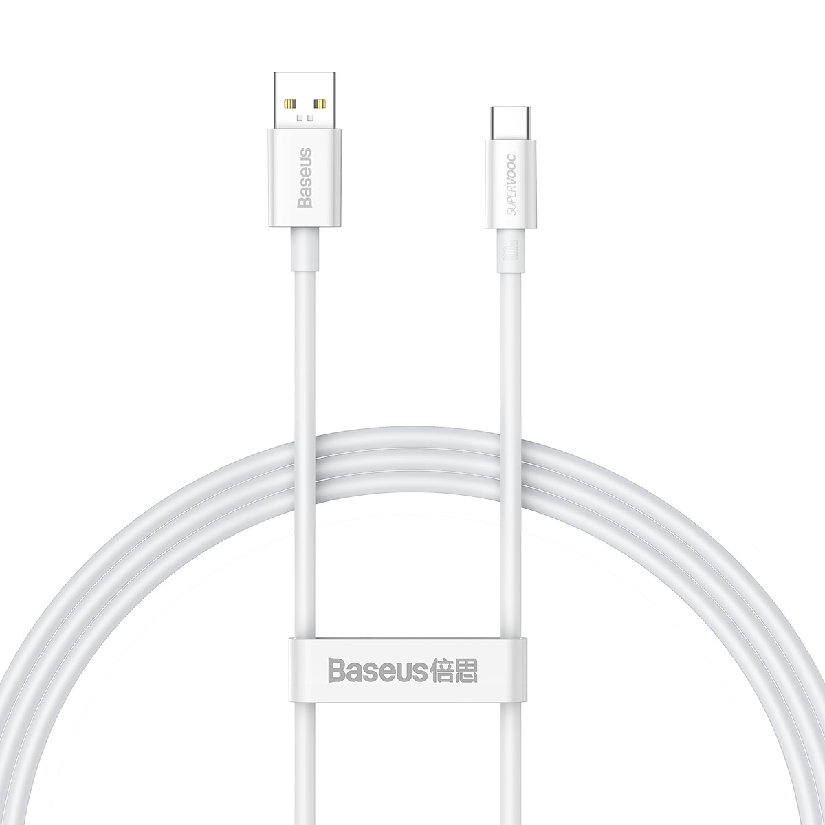 Biały kabel USB do USB-C z marką Baseus. Kabel jest zwinięty i połączony na obu końcach.