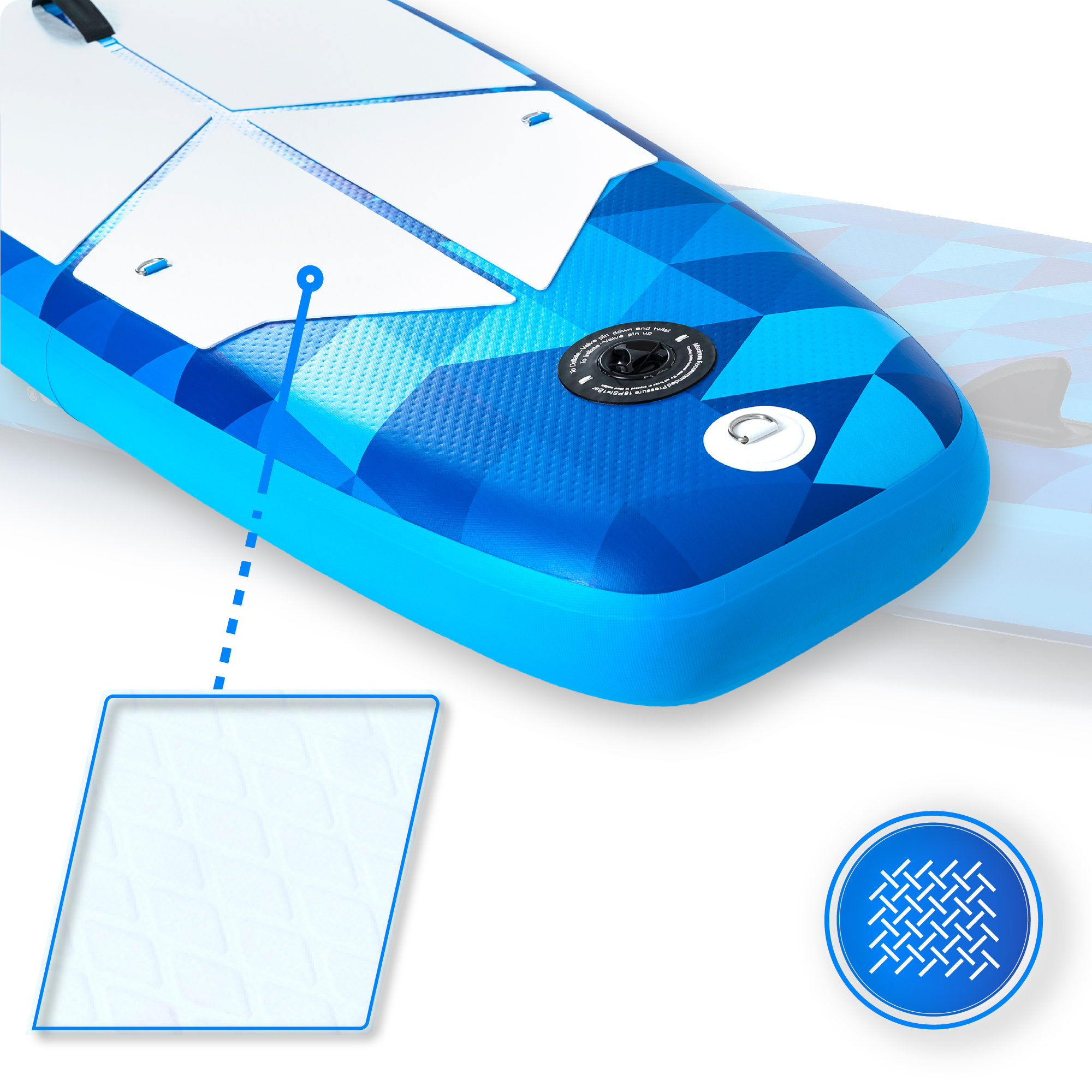 Szczegół podstawy deski do wiosłowania. Diamentowa tekstura i biała ikona koła.