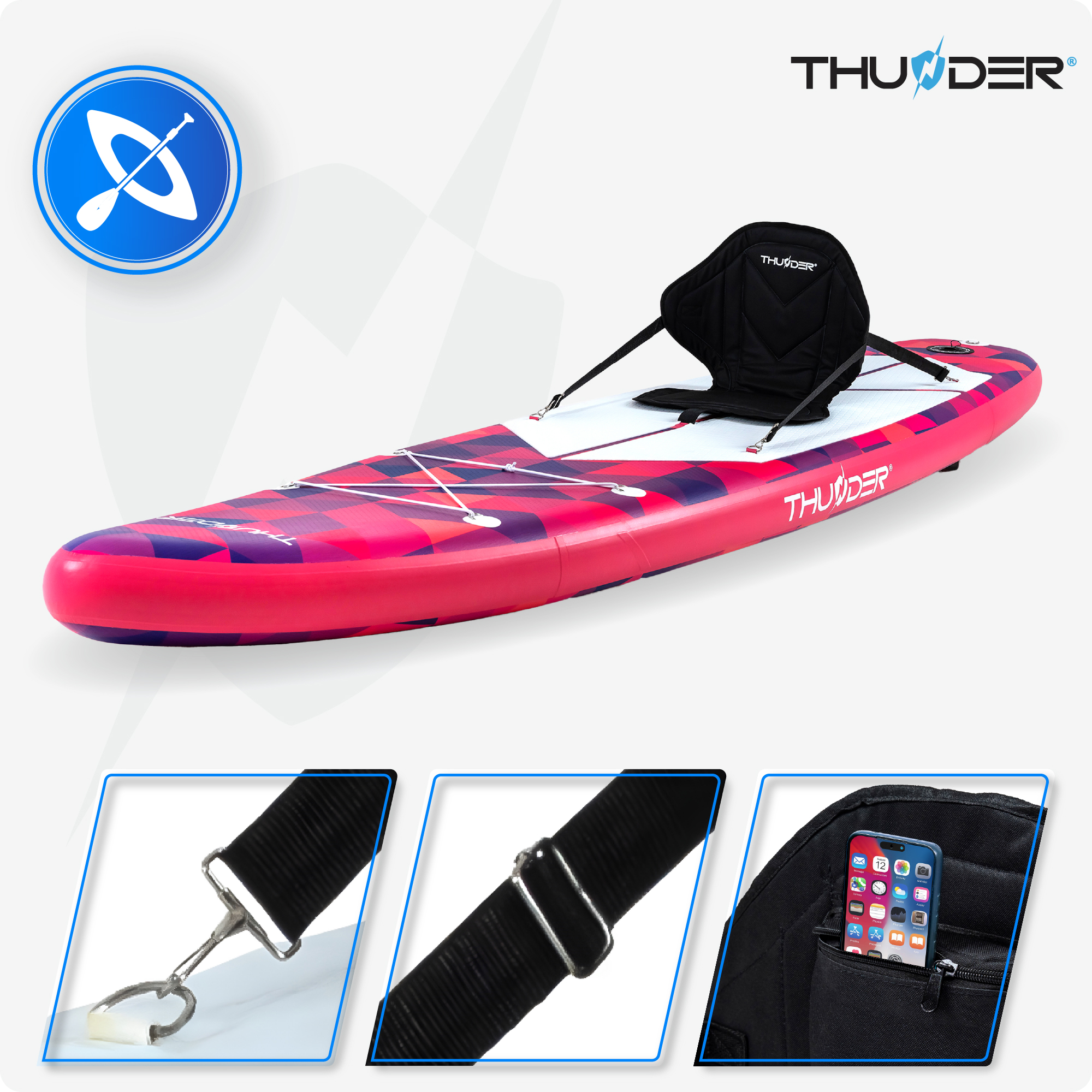 Deska do wiosłowania z siedzeniem, ze szczegółami pasków i kieszenią na telefon w plecaku.