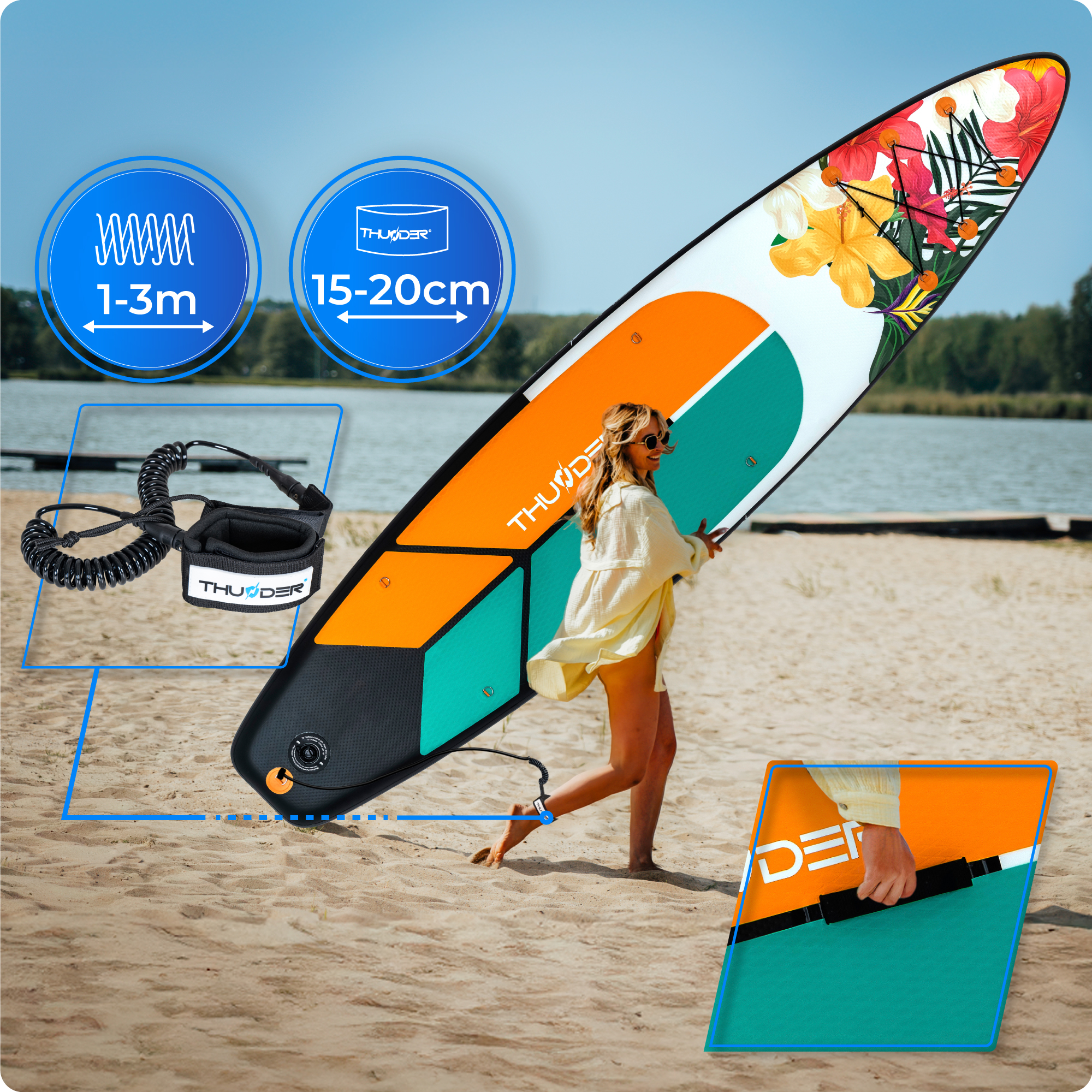 Kobieta niosąca deskę do wiosłowania na plaży, z dwoma ikonami i jeziorem w tle.