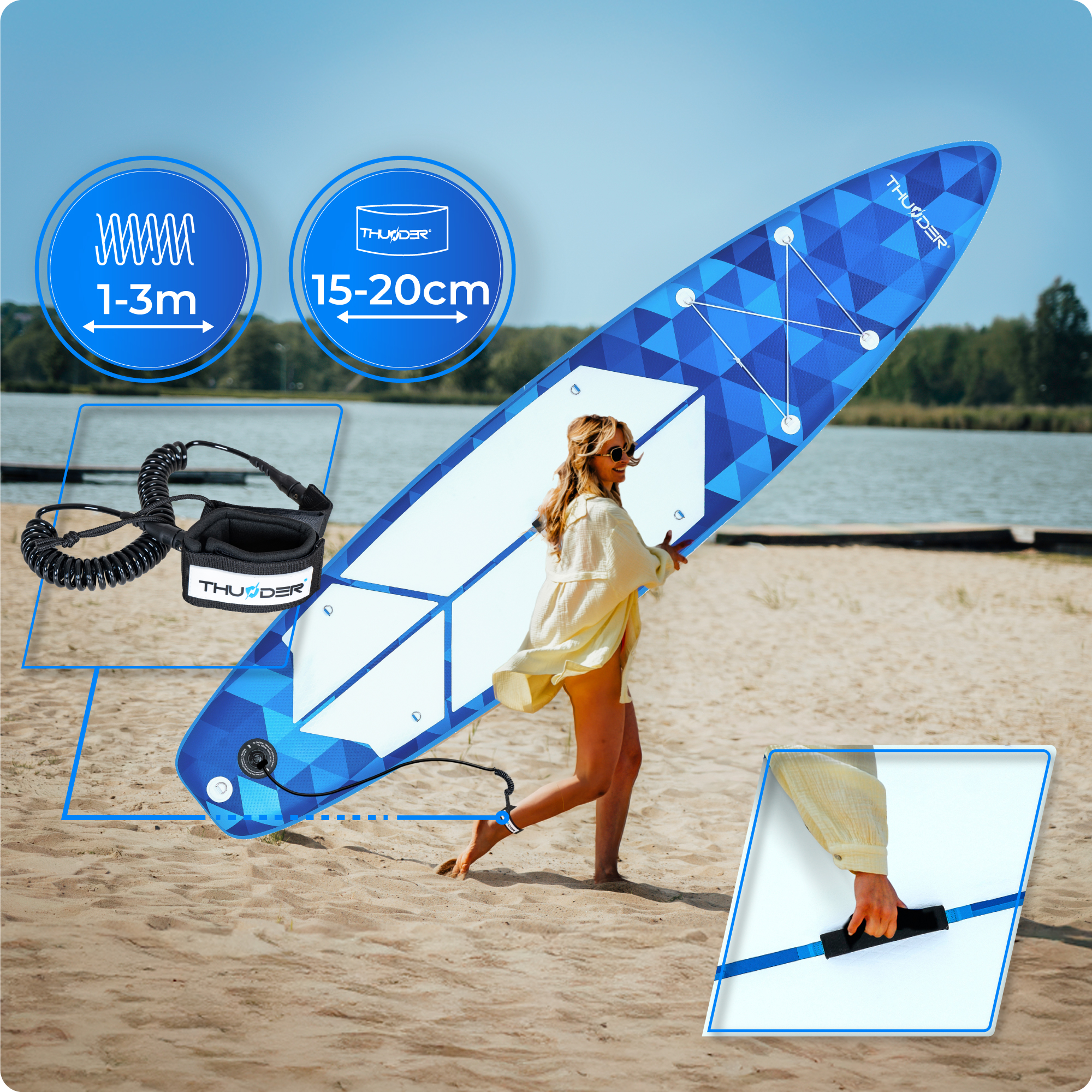 Kobieta na plaży trzyma niebiesko-białą deskę SUP. Inne szczegóły to wymiary i smycz.