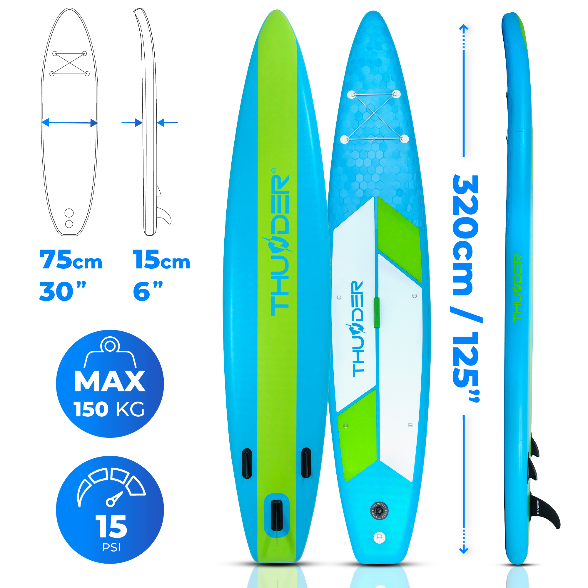 Deski SUP w kolorach zielonym i niebieskim, z wymiarami i nośnością 150 kg.