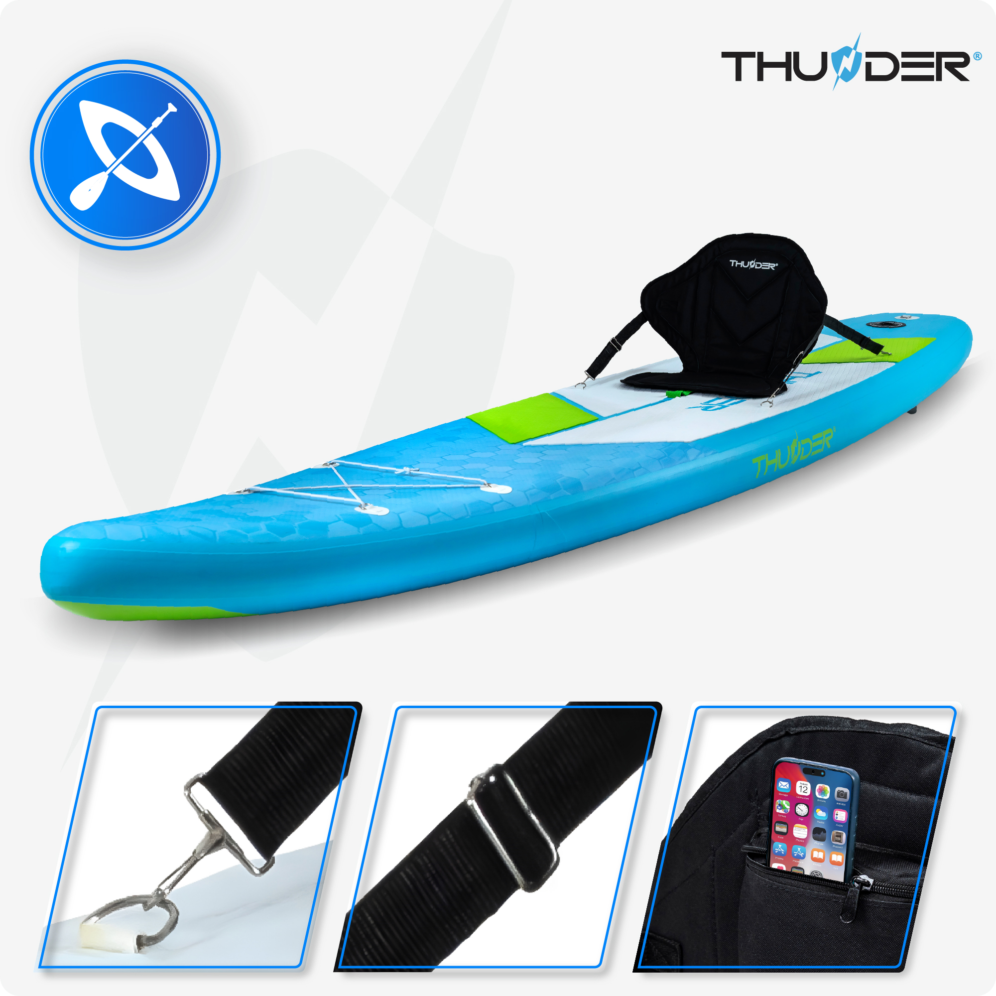 Niebieska deska SUP z siedzeniem, ze szczegółami pasków i kieszenią plecaka z telefonem.