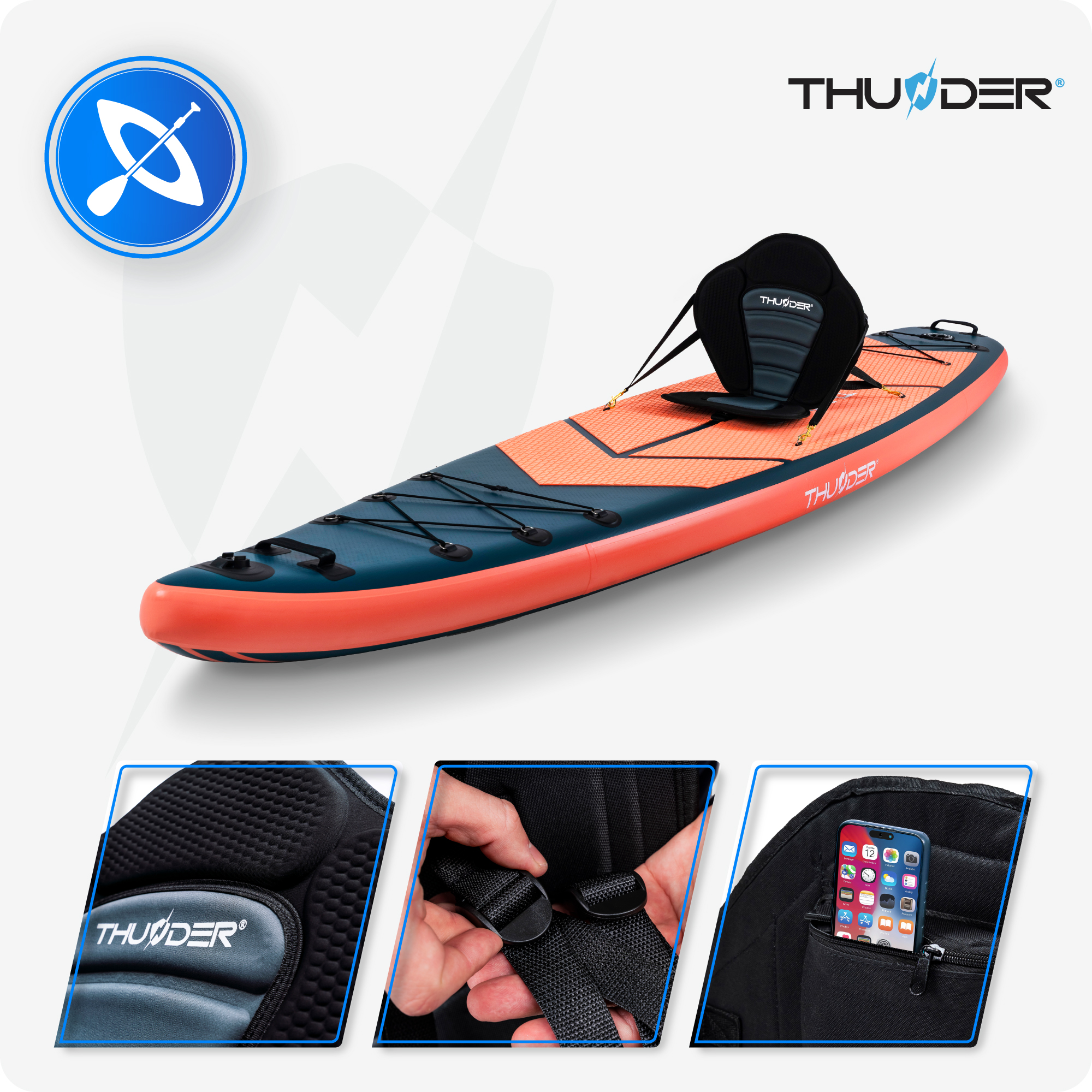 Pomarańczowa i granatowa deska SUP z siedzeniem, ze szczegółami pasków i kieszenią plecaka z telefonem.