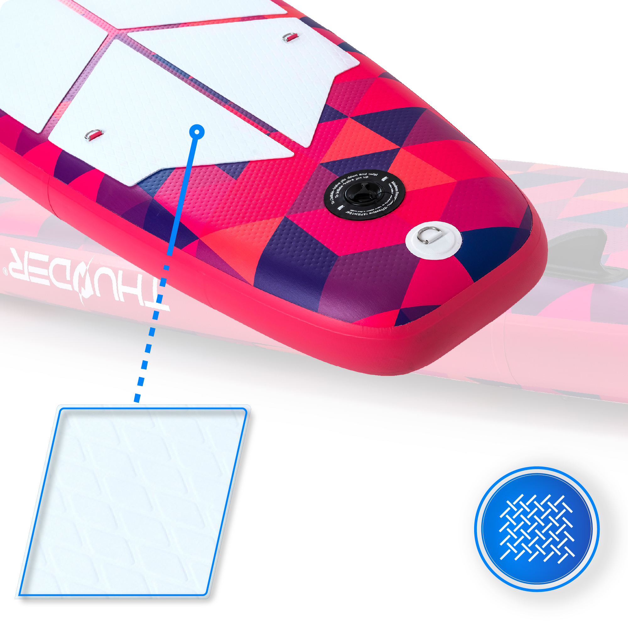 Zbliżenie spodu deski SUP z różowym, fioletowym i czerwonym geometrycznym wzorem.