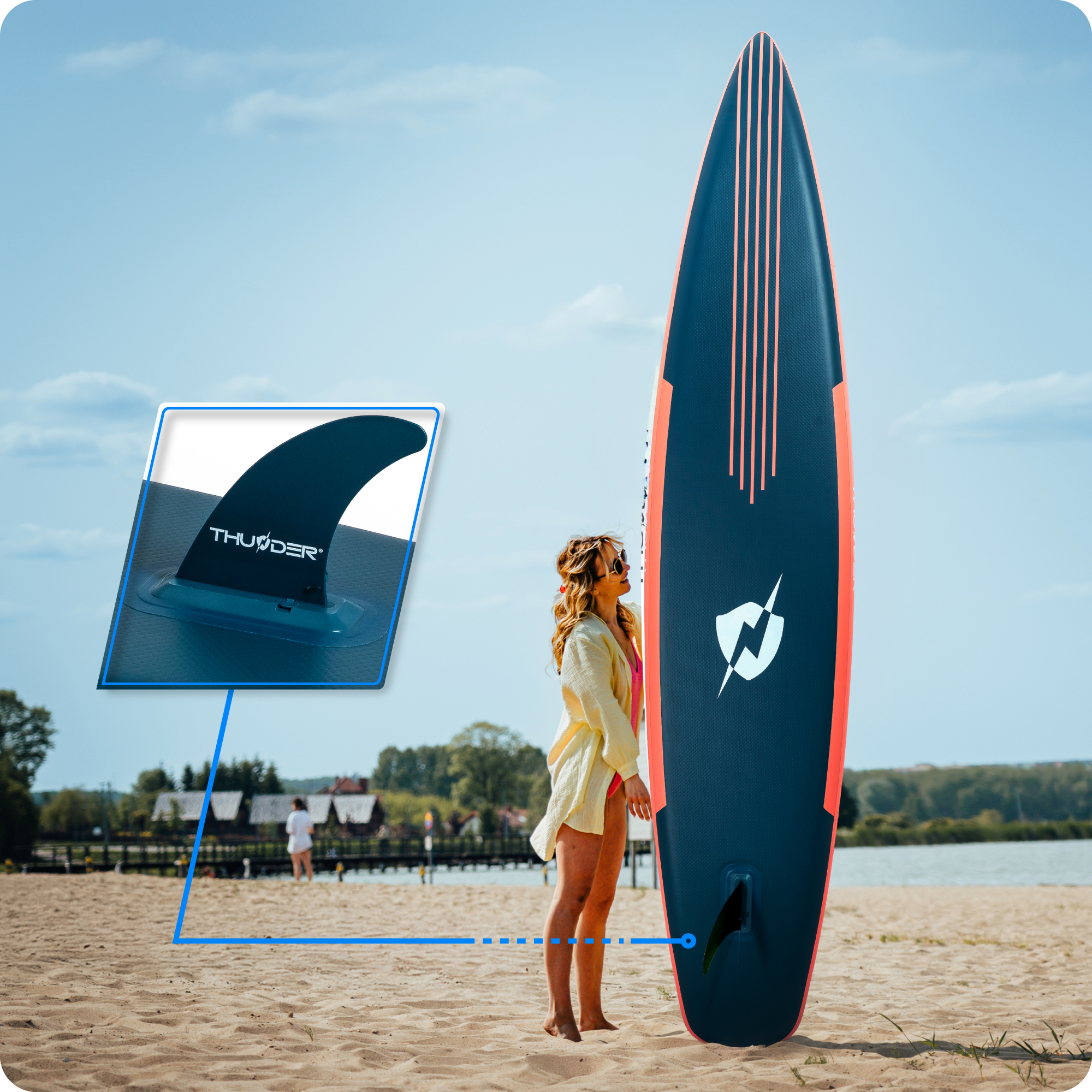 Kobieta na plaży stoi przy granatowo-koralowej desce SUP. Deska ma logo i płetwę.