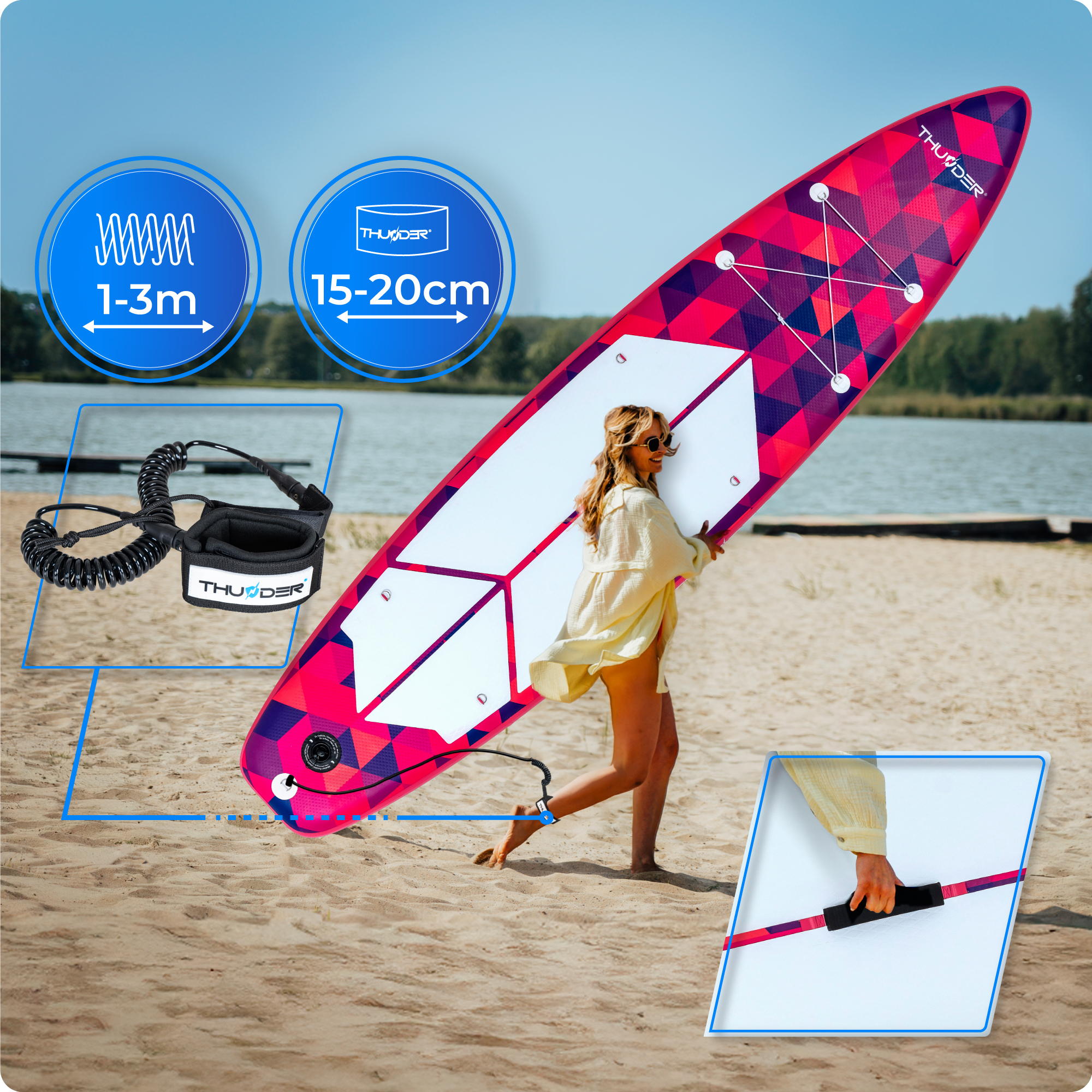 Kobieta na plaży trzyma różową deskę SUP. Deska ma geometryczny wzór i smycz.