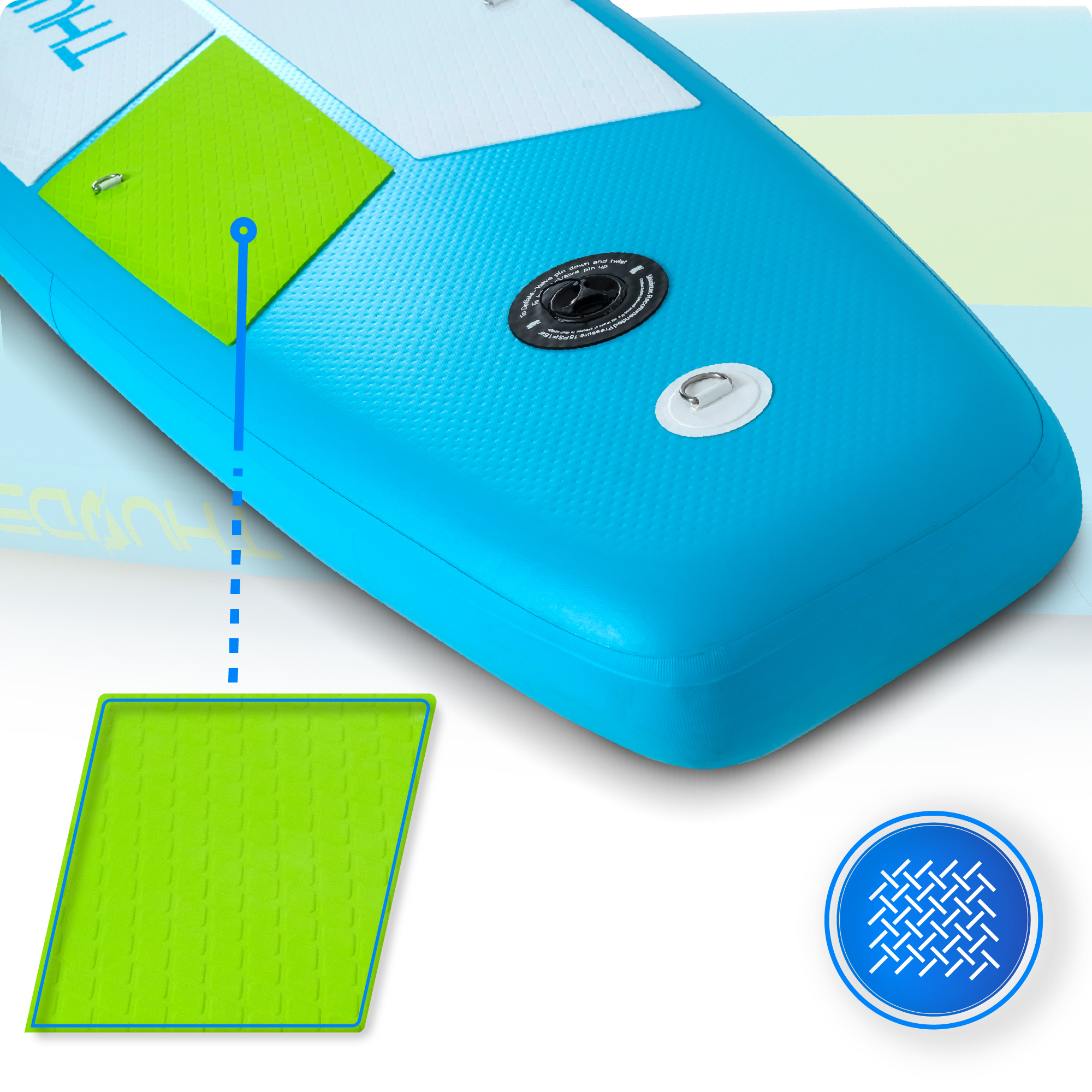 Niebieska deska z zielonymi podkładkami. Zbliżenie podkładki i ikona tekstury.