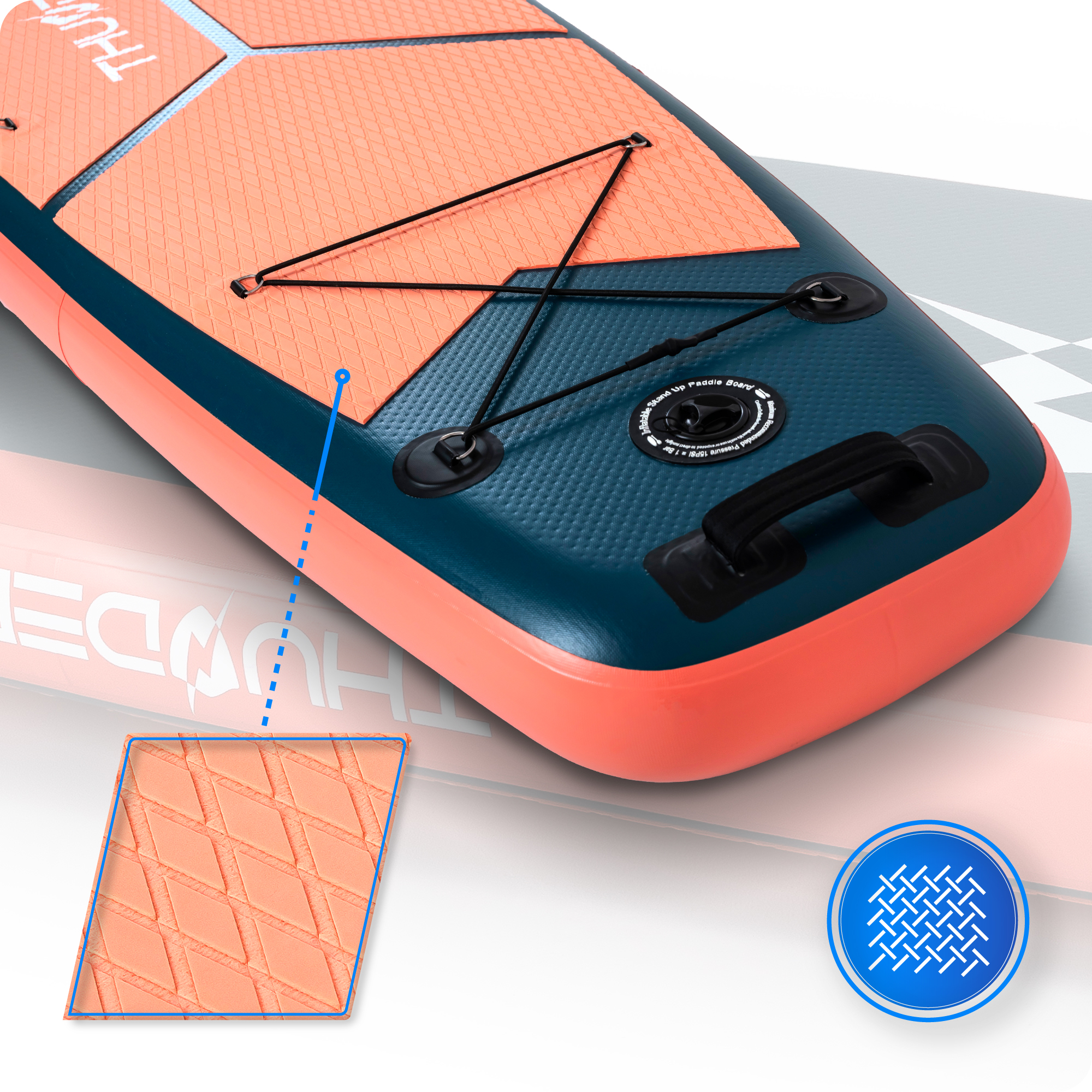 Deska z pomarańczowo-niebieskim designem, szczegół podkładki. Widoczna ikona tekstury.