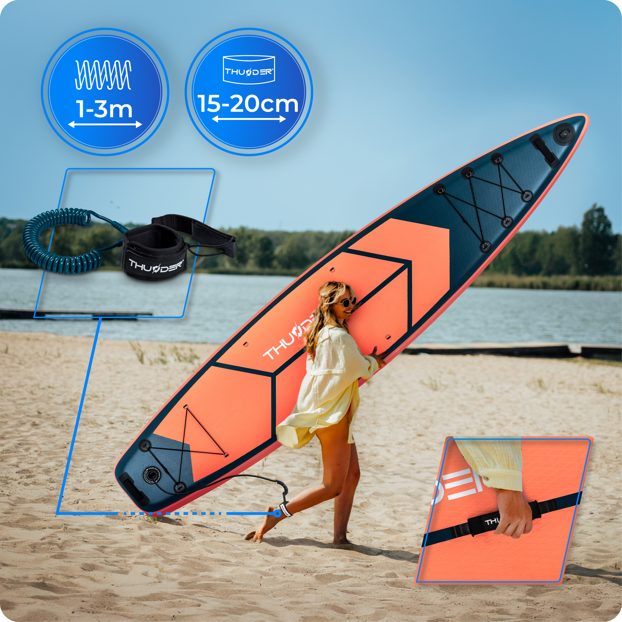 Kobieta z deską na plaży. Ikony fal i wymiarów deski są pokazane.