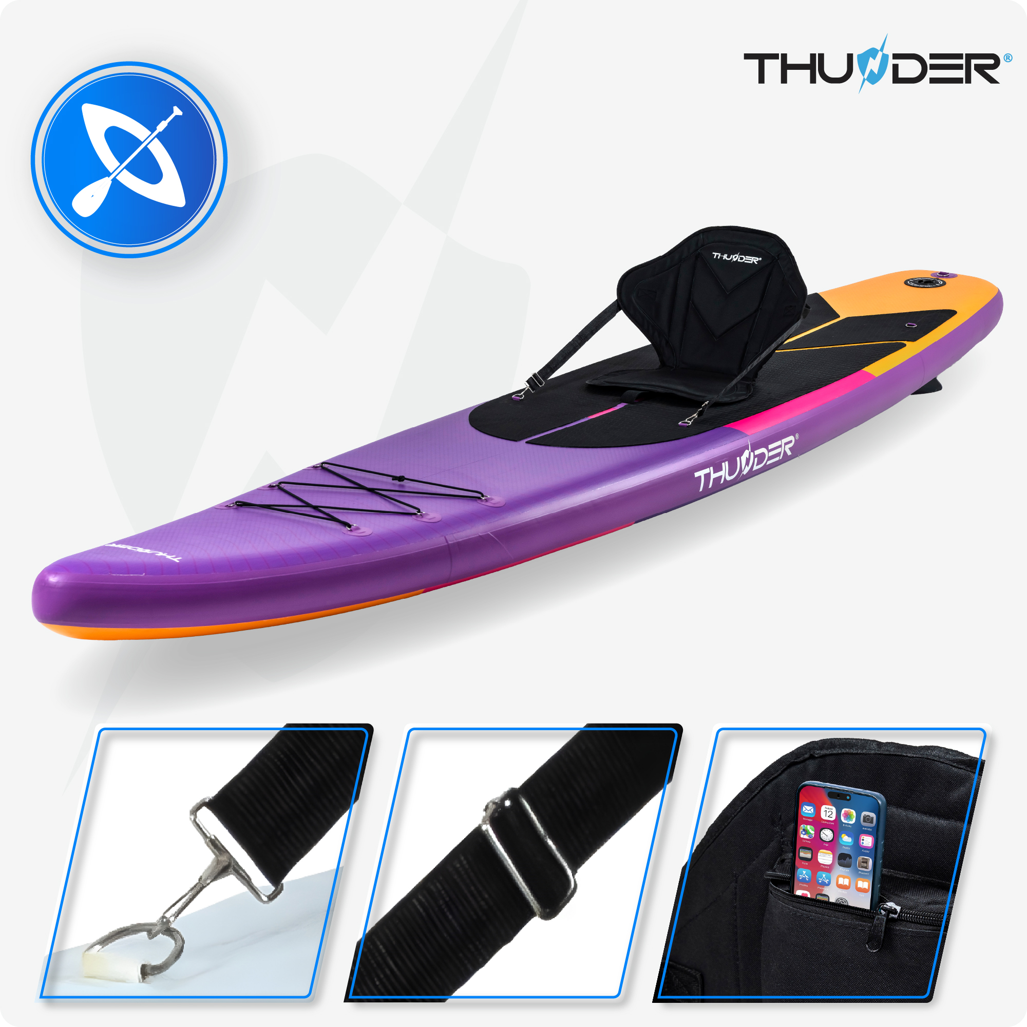 Fioletowa deska z siedzeniem. Akcesoria: telefon w torbie, pasek z klamrą.