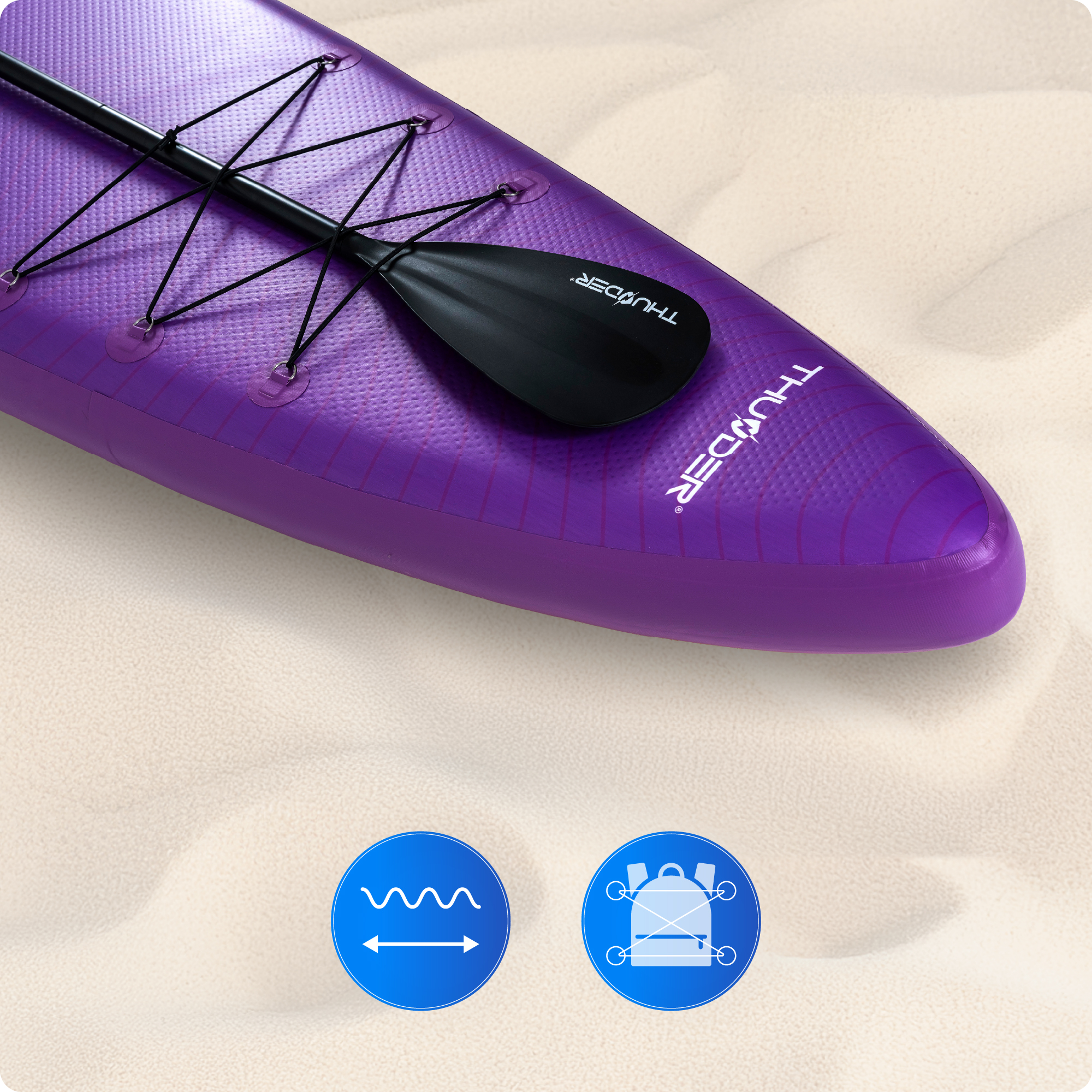 Fioletowa deska SUP z wiosłem na tle piasku. Dwie ikony fal i plecak na dole.