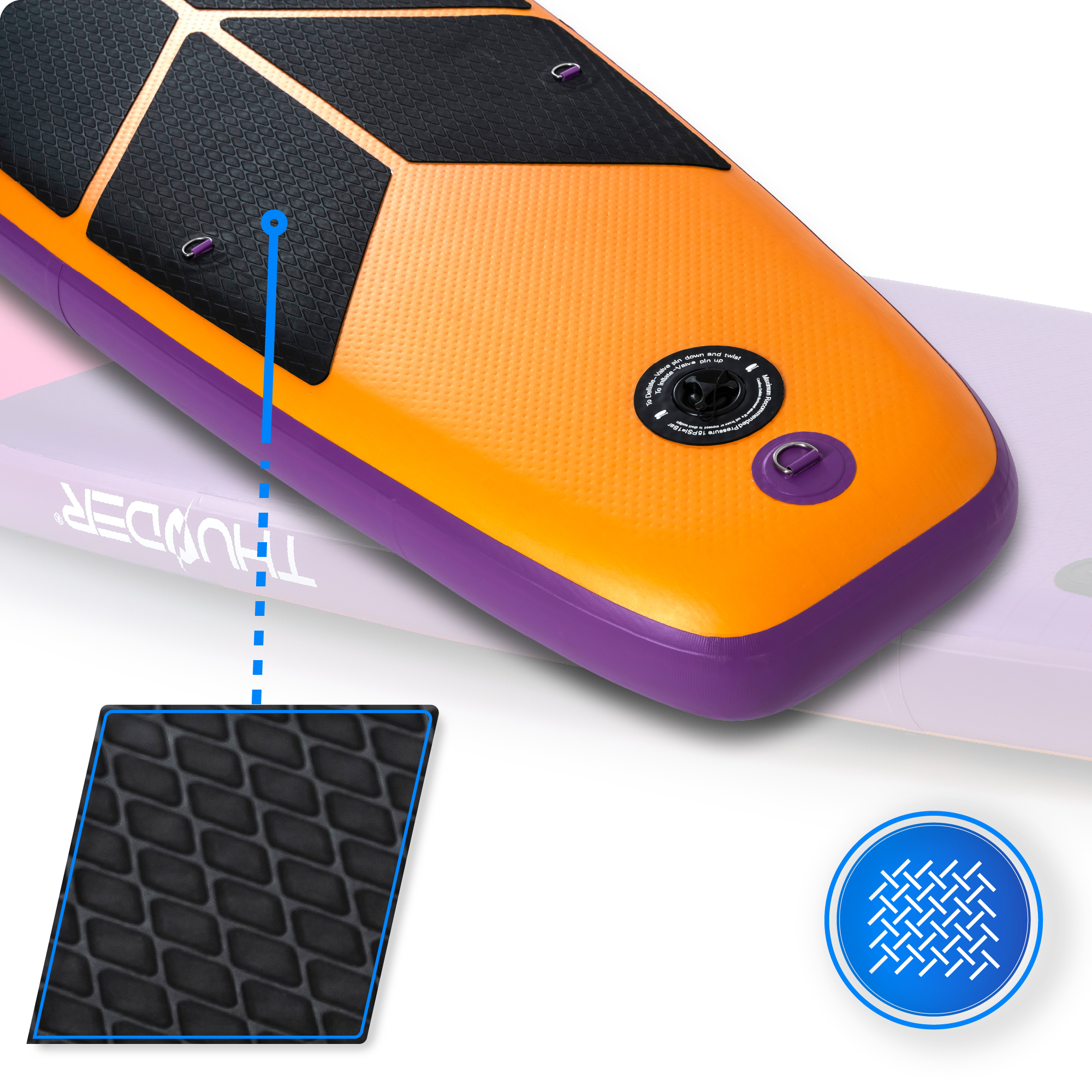 Zbliżenie na deskę SUP pokazujące kolory pomarańczowy i fioletowy. Czarny, teksturowany obszar na górze.