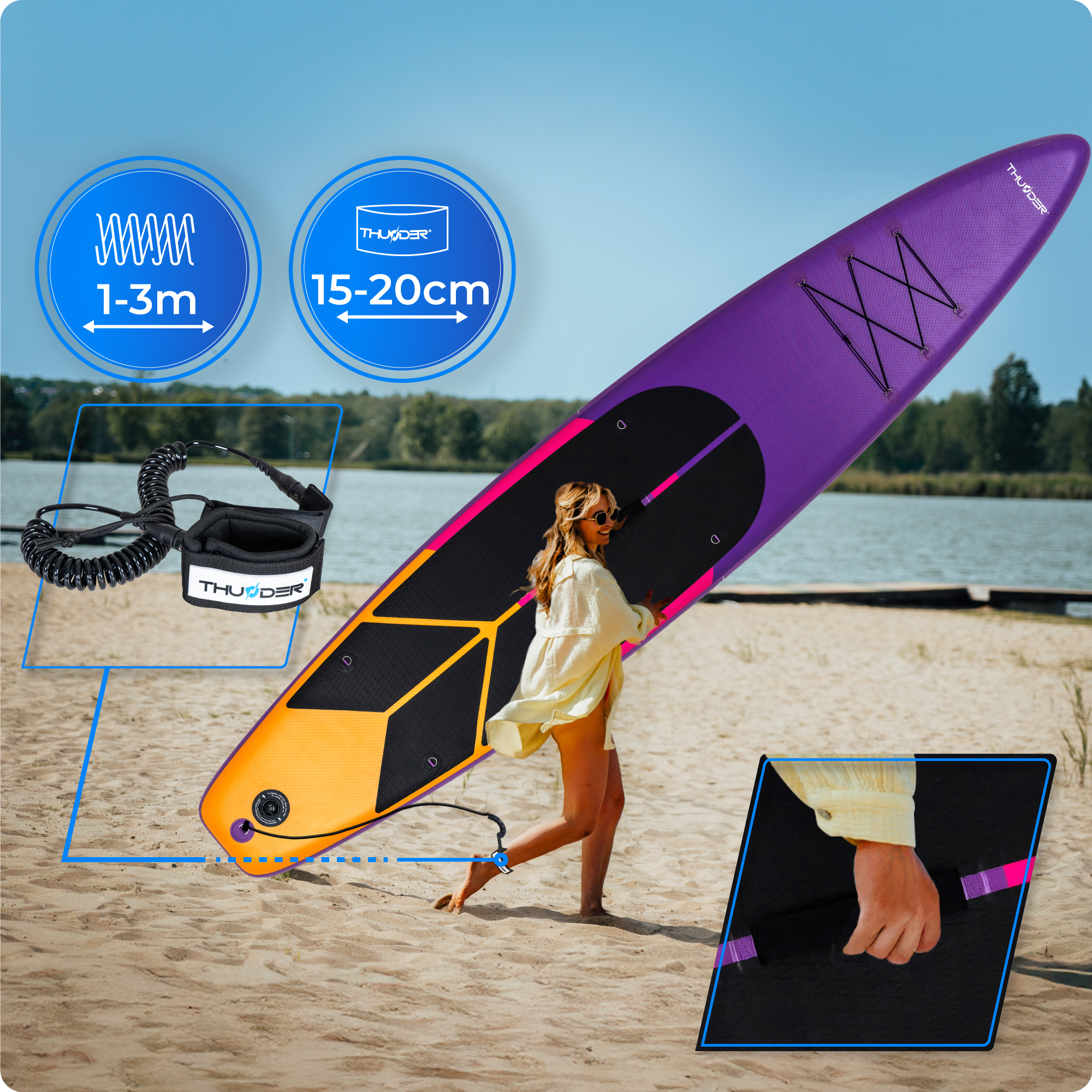 Kobieta z deską SUP na plaży. Deska jest fioletowo-pomarańczowa, z dołączoną smyczą.