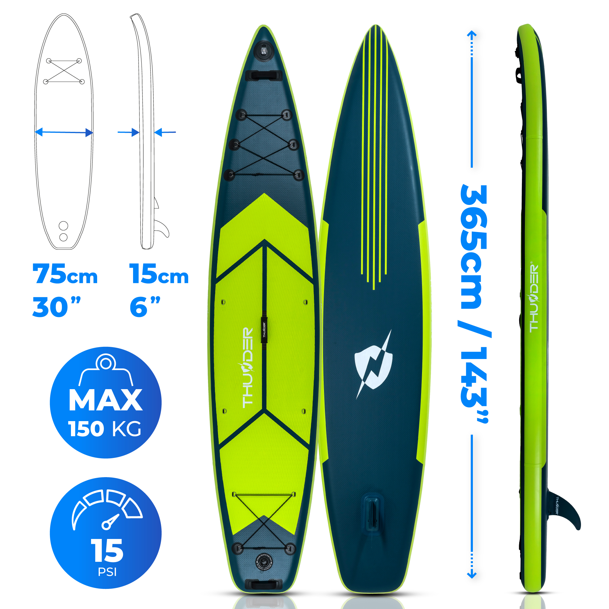 Deska SUP z wymiarami i specyfikacjami. Niebiesko-żółta deska z tekstem i pokazany diagram.