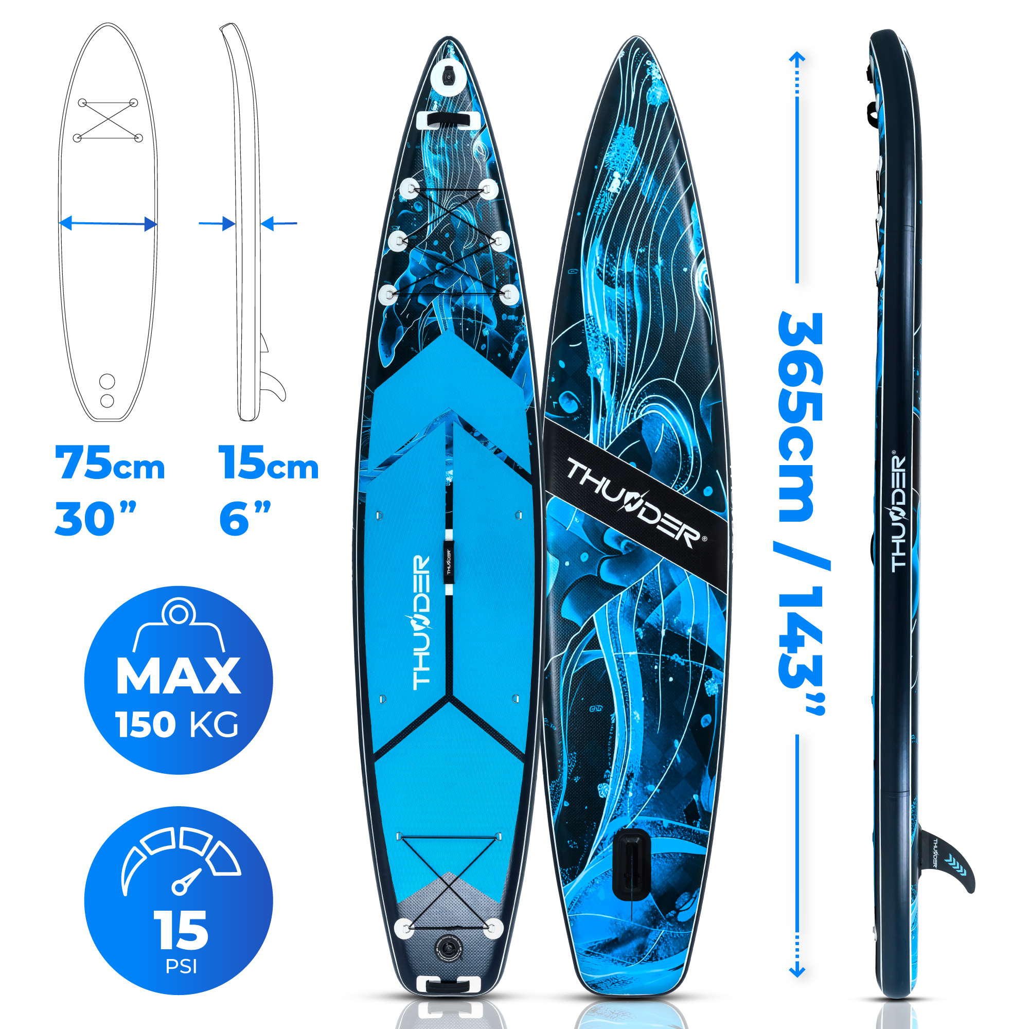 Różne widoki niebiesko-białej deski SUP z wymiarami i informacjami o nośności.