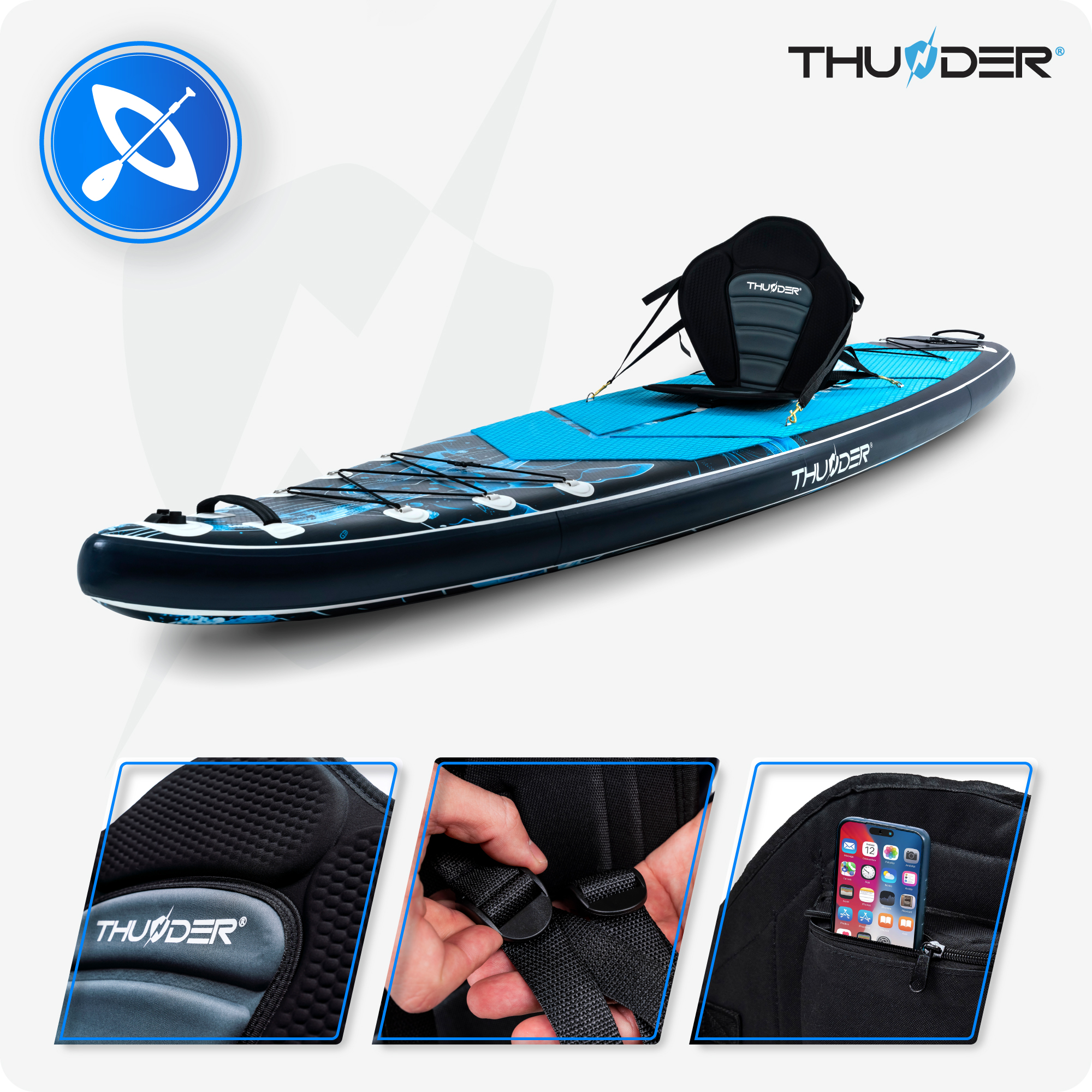 Deska SUP z siedzeniem i akcesoriami. Zawiera zbliżenia plecaka i szczegółów paska oraz telefonu w kieszeni.