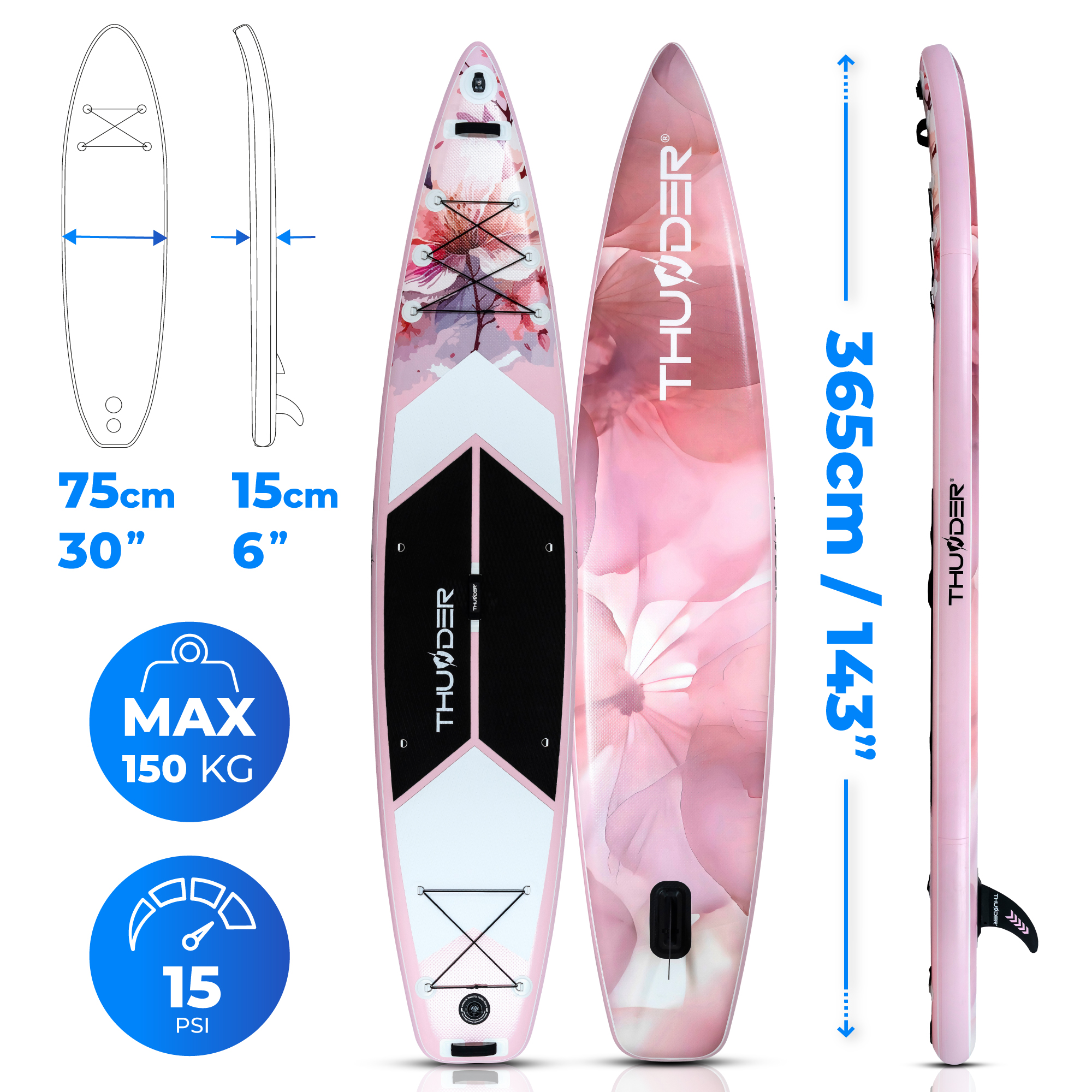Różne widoki różowej kwiatowej deski SUP z wymiarami i informacjami o nośności.