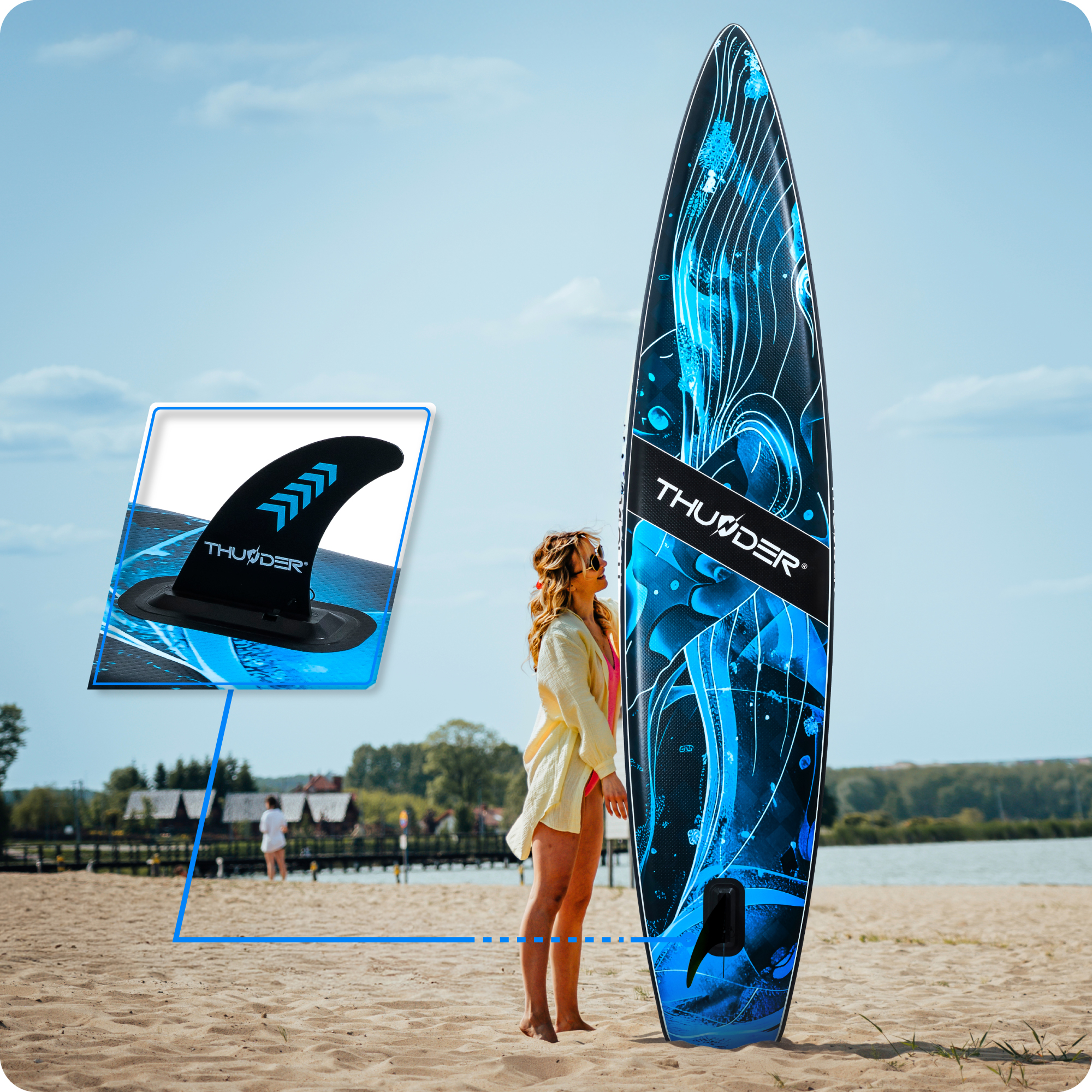 Kobieta na plaży z deską SUP. Zbliżenie pokazuje szczegóły płetwy. Niebieskie niebo i woda w tle.