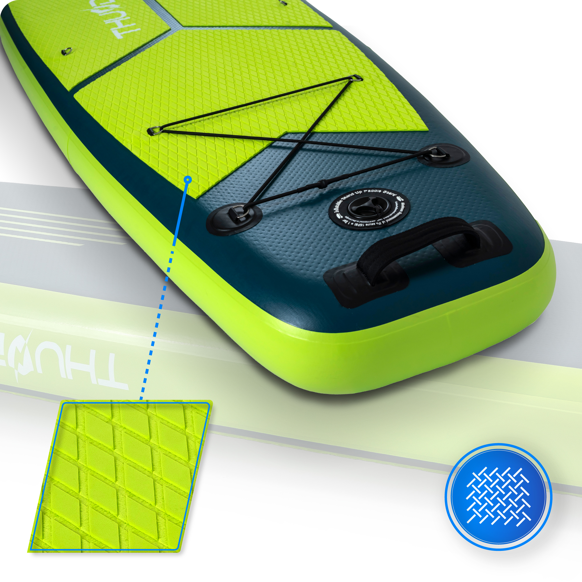 Zbliżenie szczegółów deski SUP. Funkcje obejmują uchwyt na wiosło, uchwyt i ikony graficzne do użytku.