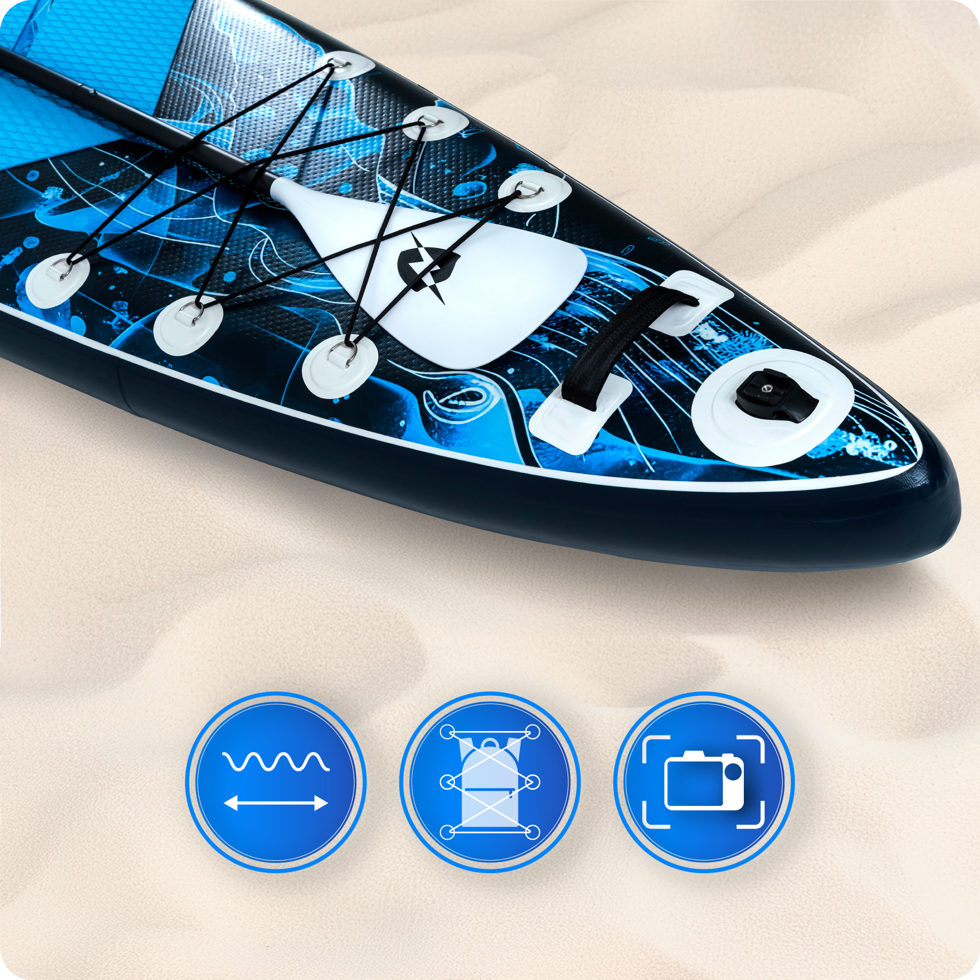 Zbliżenie szczegółów deski SUP. Funkcje obejmują uchwyt na wiosło, uchwyt i ikony graficzne do użytku.