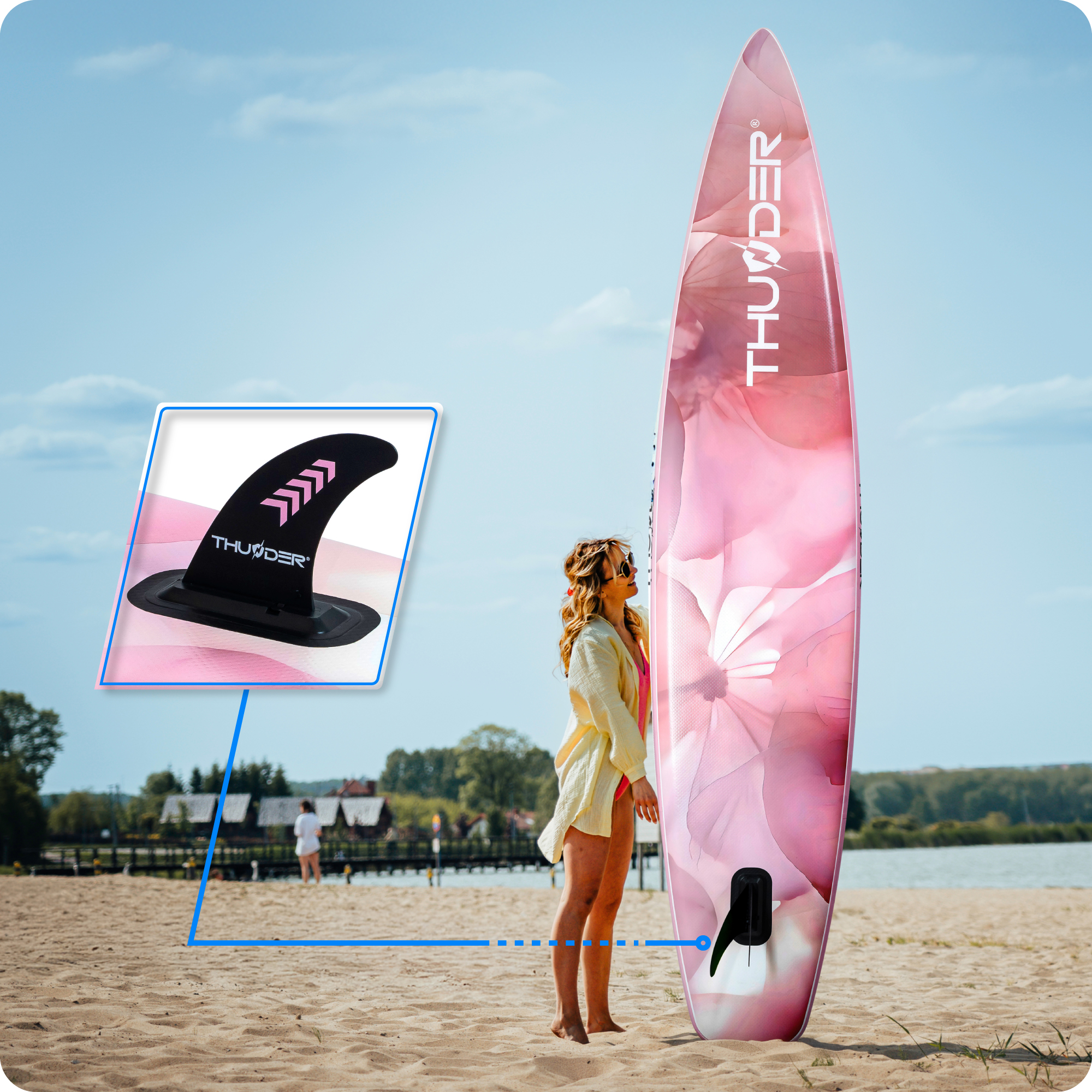 Kobieta na plaży z deską SUP. Zbliżenie pokazuje szczegóły płetwy. Niebieskie niebo i woda w tle.