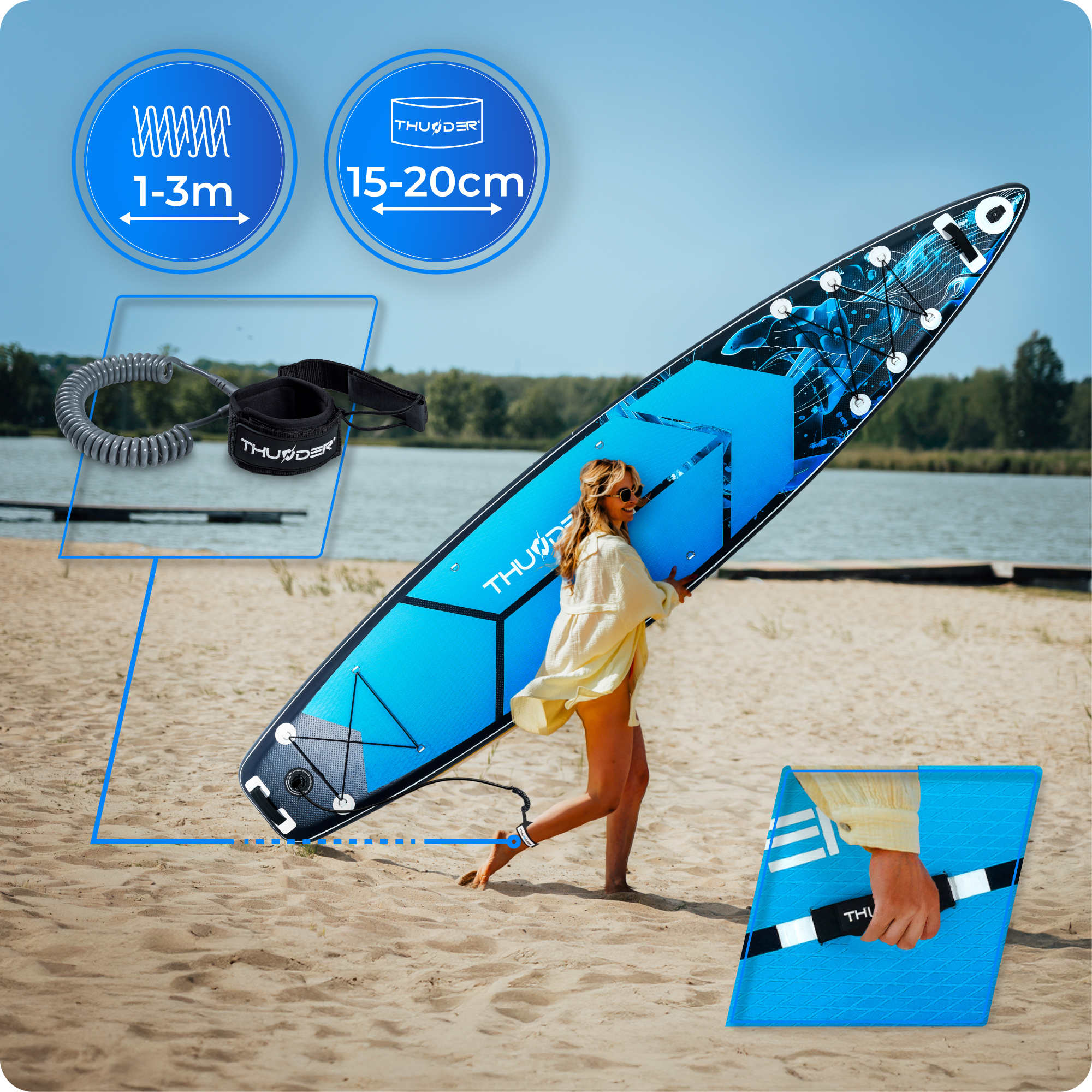 Kobieta niosąca niebieską deskę SUP na plaży. Zawiera smycz i ikony wysokości fali (1-3m) i szerokości deski (15-20cm).