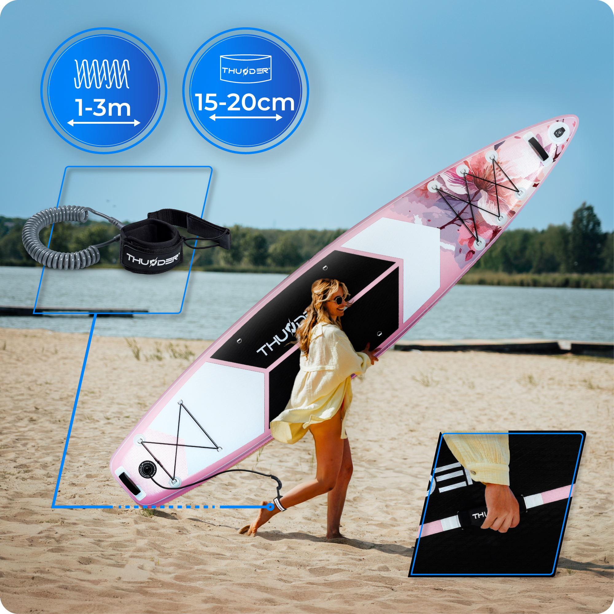 Kobieta niosąca różową deskę SUP na plaży. Zawiera smycz i ikony wysokości fali oraz szerokości deski.