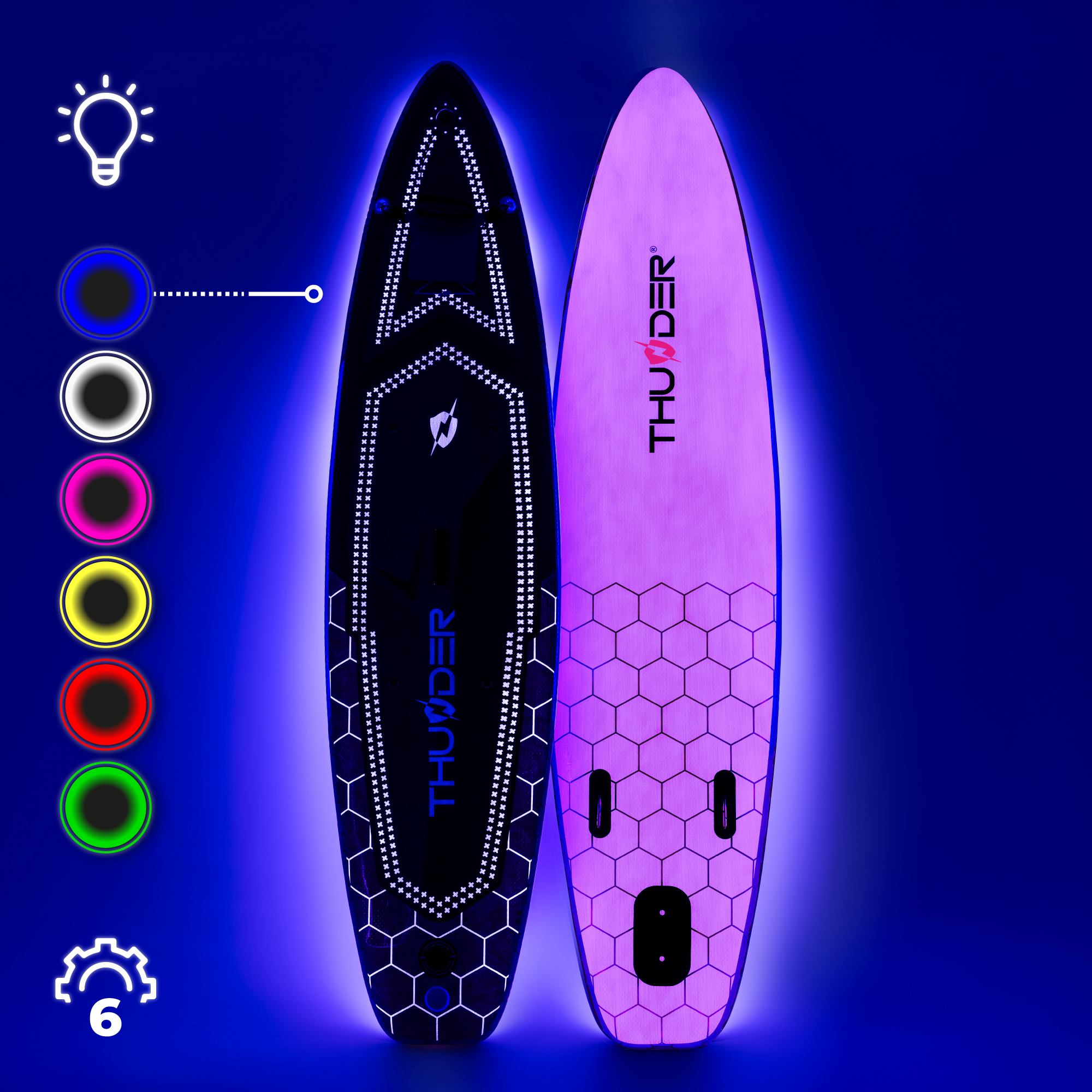 Dwie podświetlane deski SUP na ciemnym tle. Jedna czarna, druga różowa.