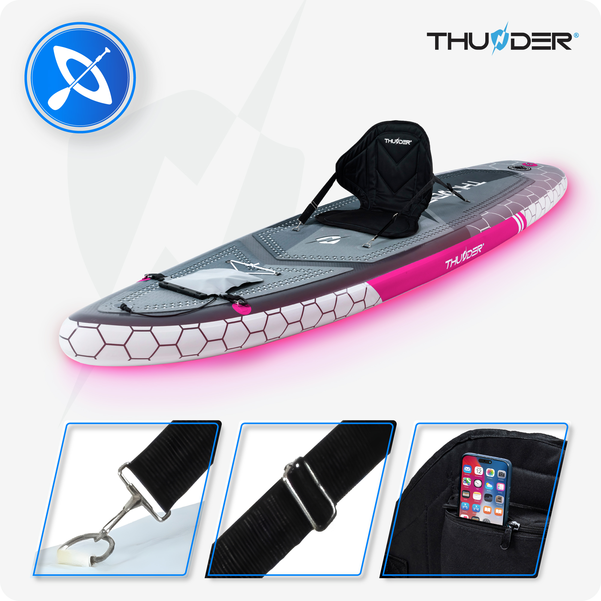 Deska SUP z siedzeniem, zbliżenia pasków i telefonu w kieszeni. Różowe akcenty na desce.