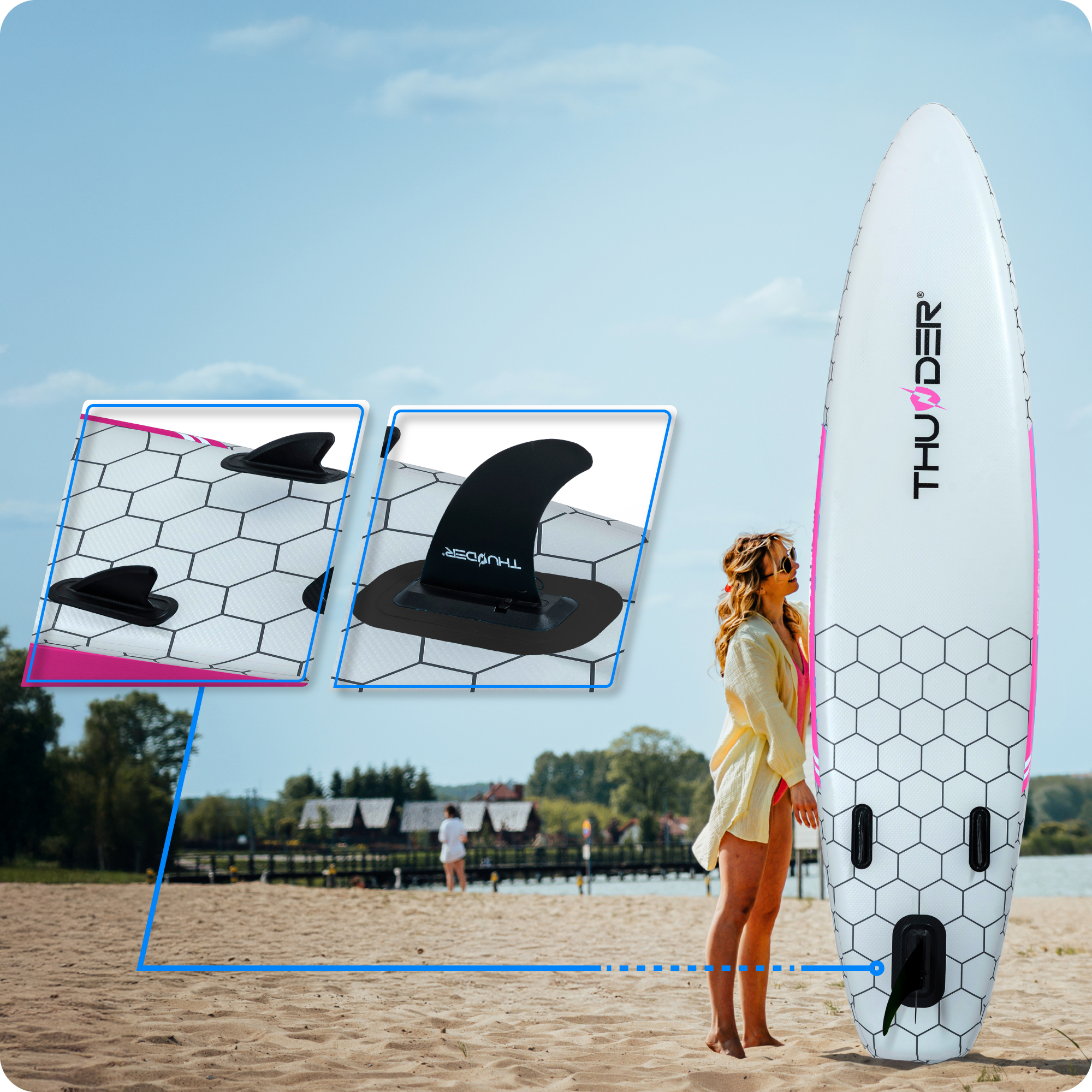 Kobieta stojąca z białą deską SUP. Szczegóły płetw, zbliżenie na płetwy i deskę.