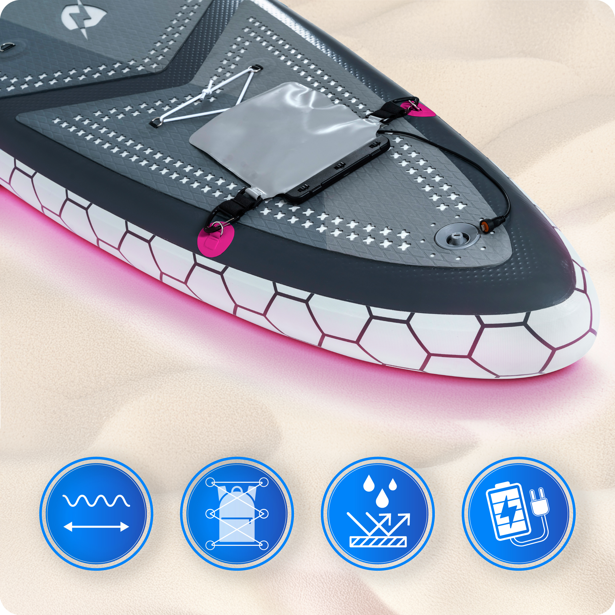 Zbliżenie deski SUP z ikonami, pokazujące cechy deski. Różowy akcent na desce.