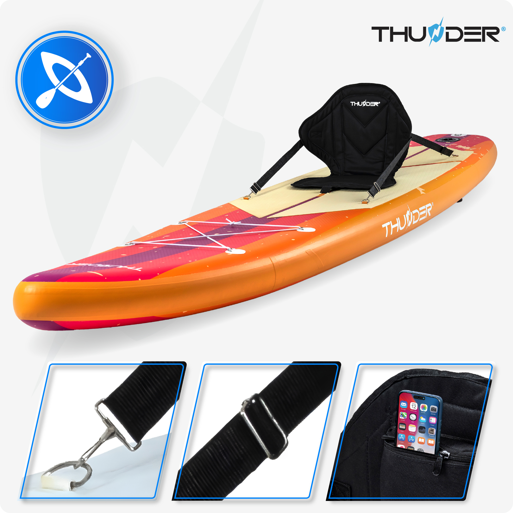 Paddleboard z siedziskiem i paskami, wzór w stylu retro, na białym tle.