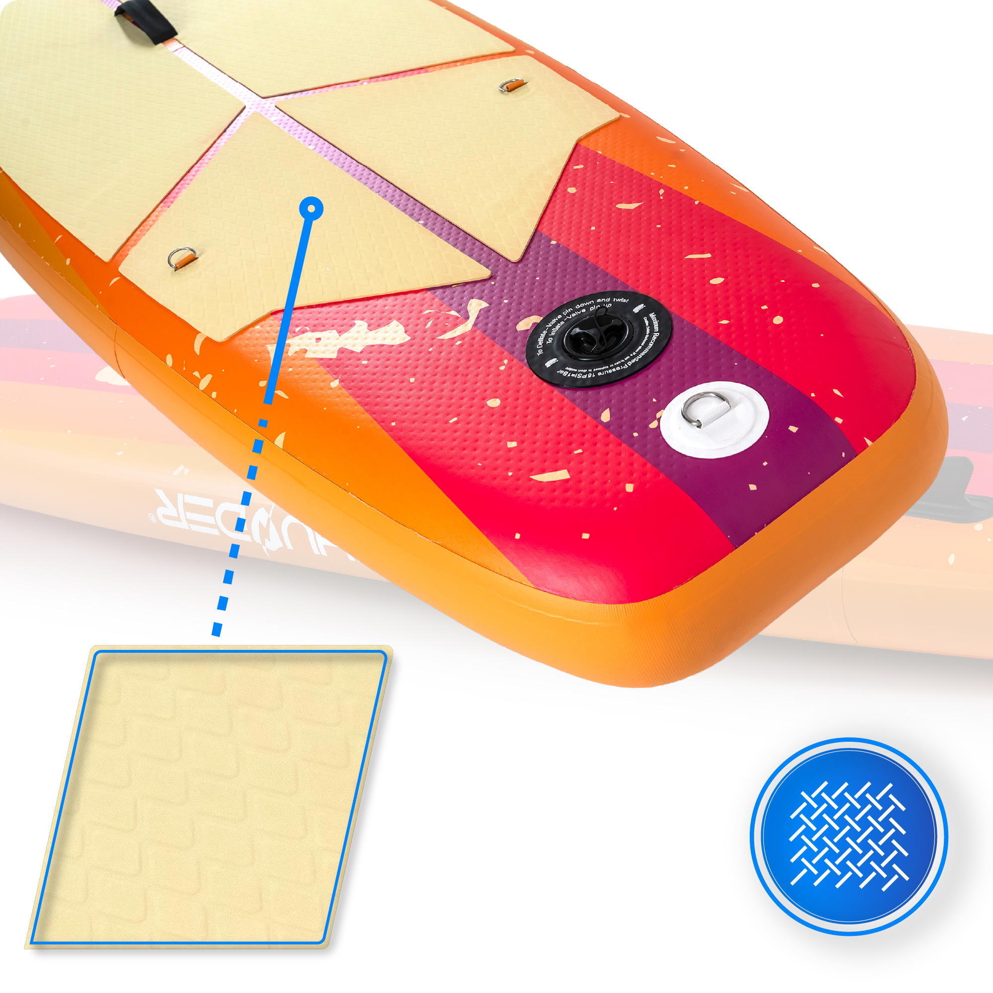 Szczegół paddleboardu z teksturowaną podkładką i zaworem, na tle motywu w stylu retro.