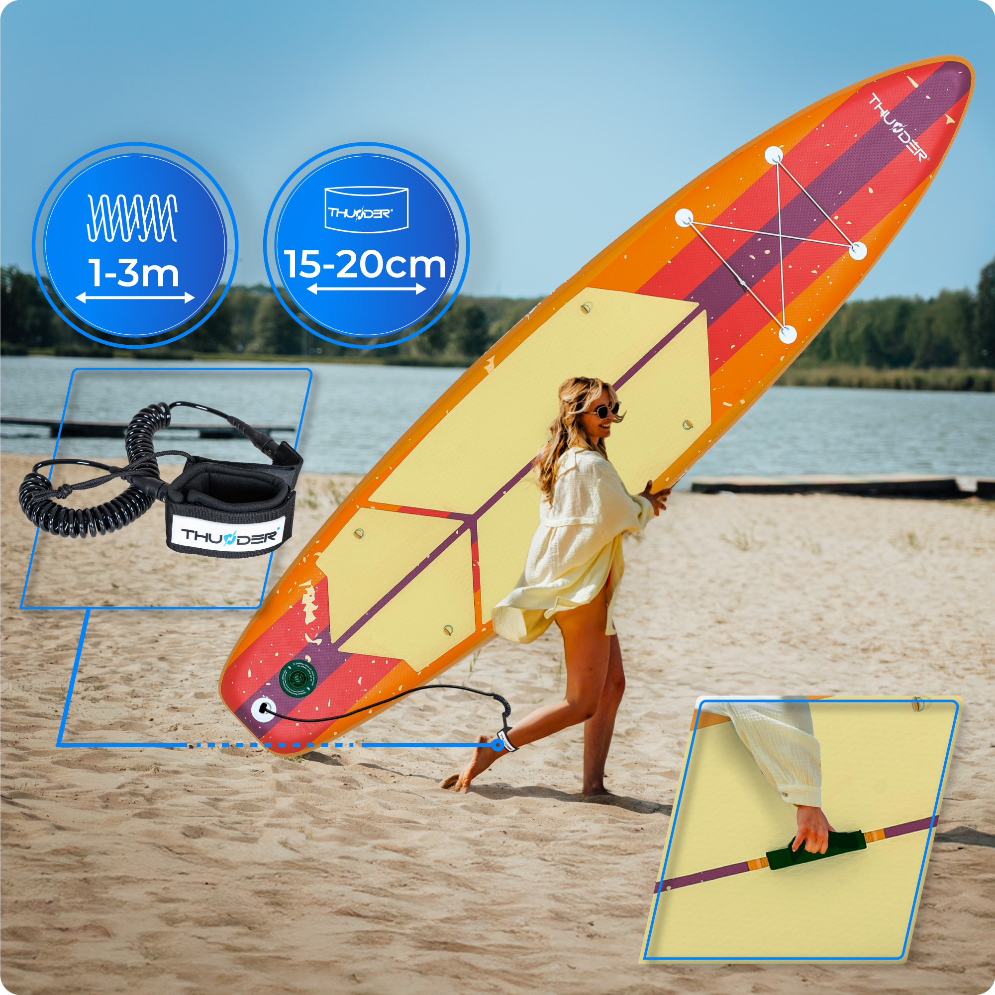 Kobieta niosąca pomarańczową deskę do wiosłowania na plaży. Ma na sobie białą koszulę i okulary.