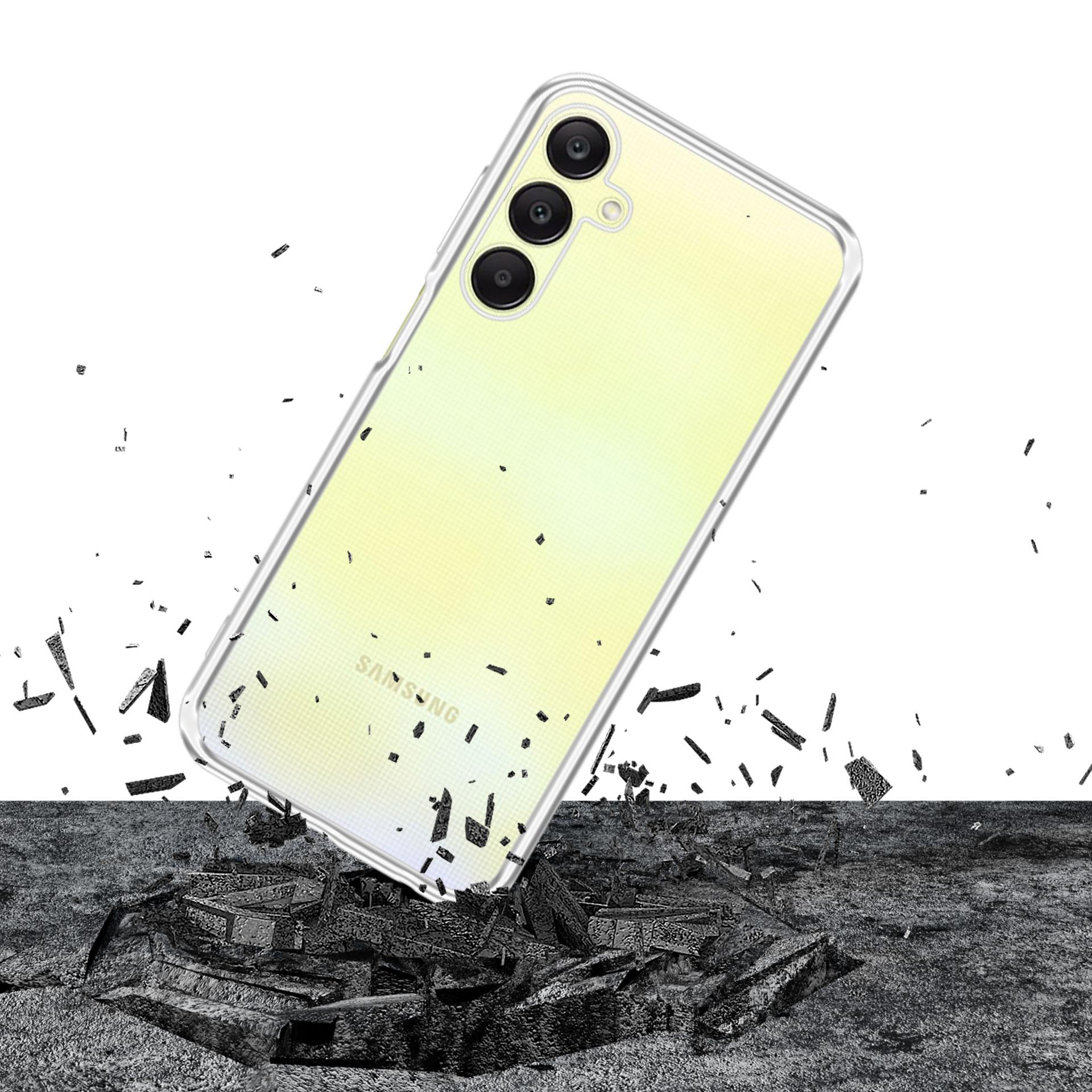 Un telefono in una custodia trasparente che cade e rompe una superficie di pietra.