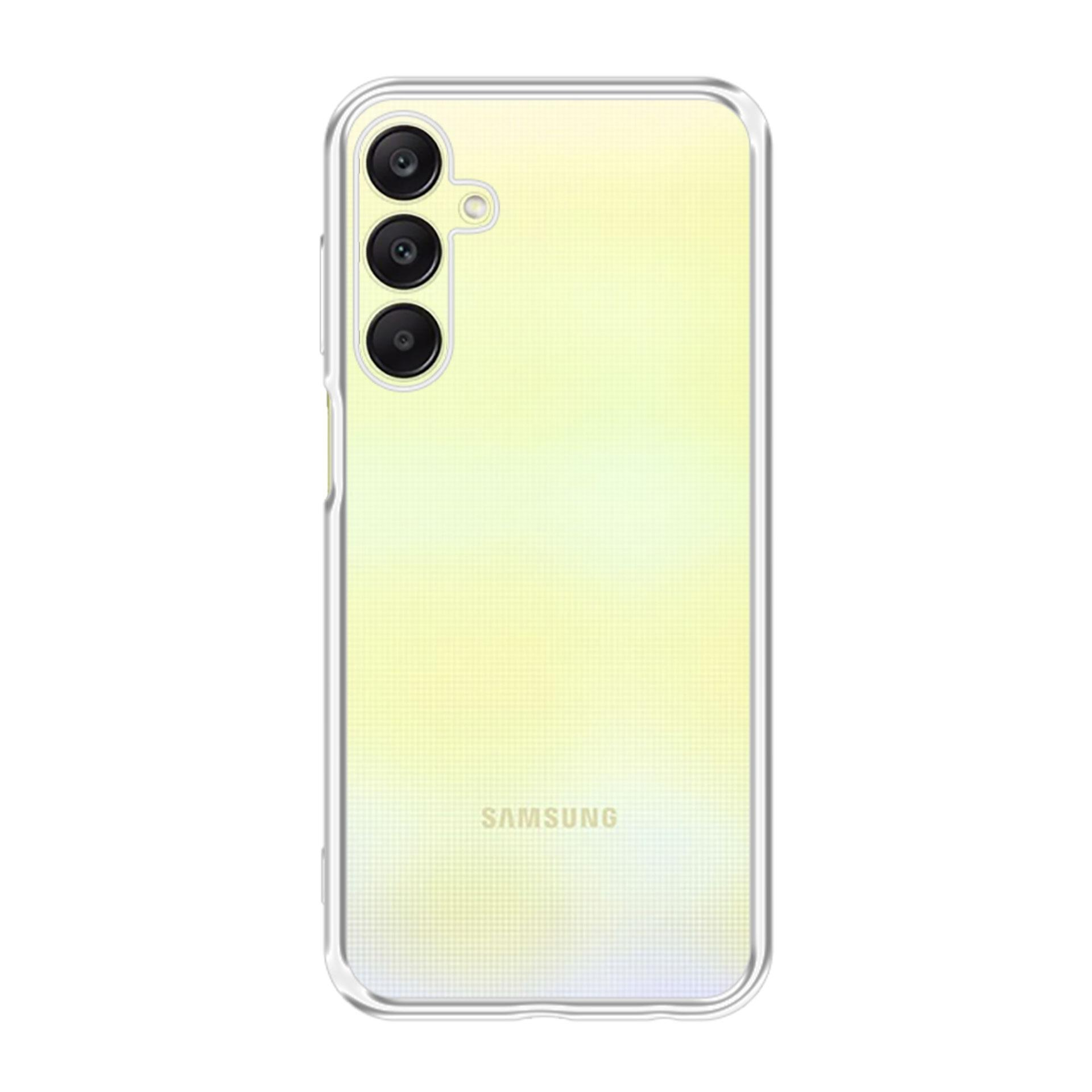 Un telefono in una custodia trasparente. Il telefono è giallo.