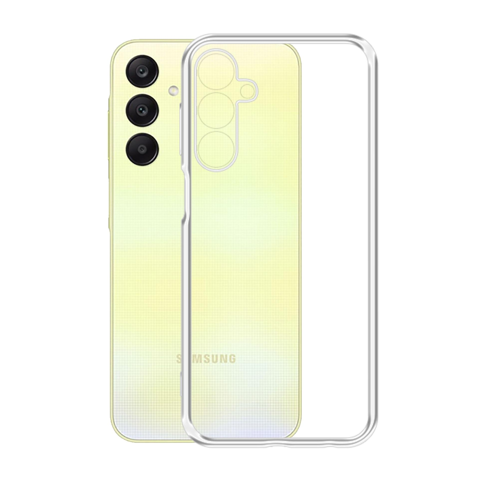 Un telefono in una custodia trasparente. Il telefono è giallo con un logo Samsung.