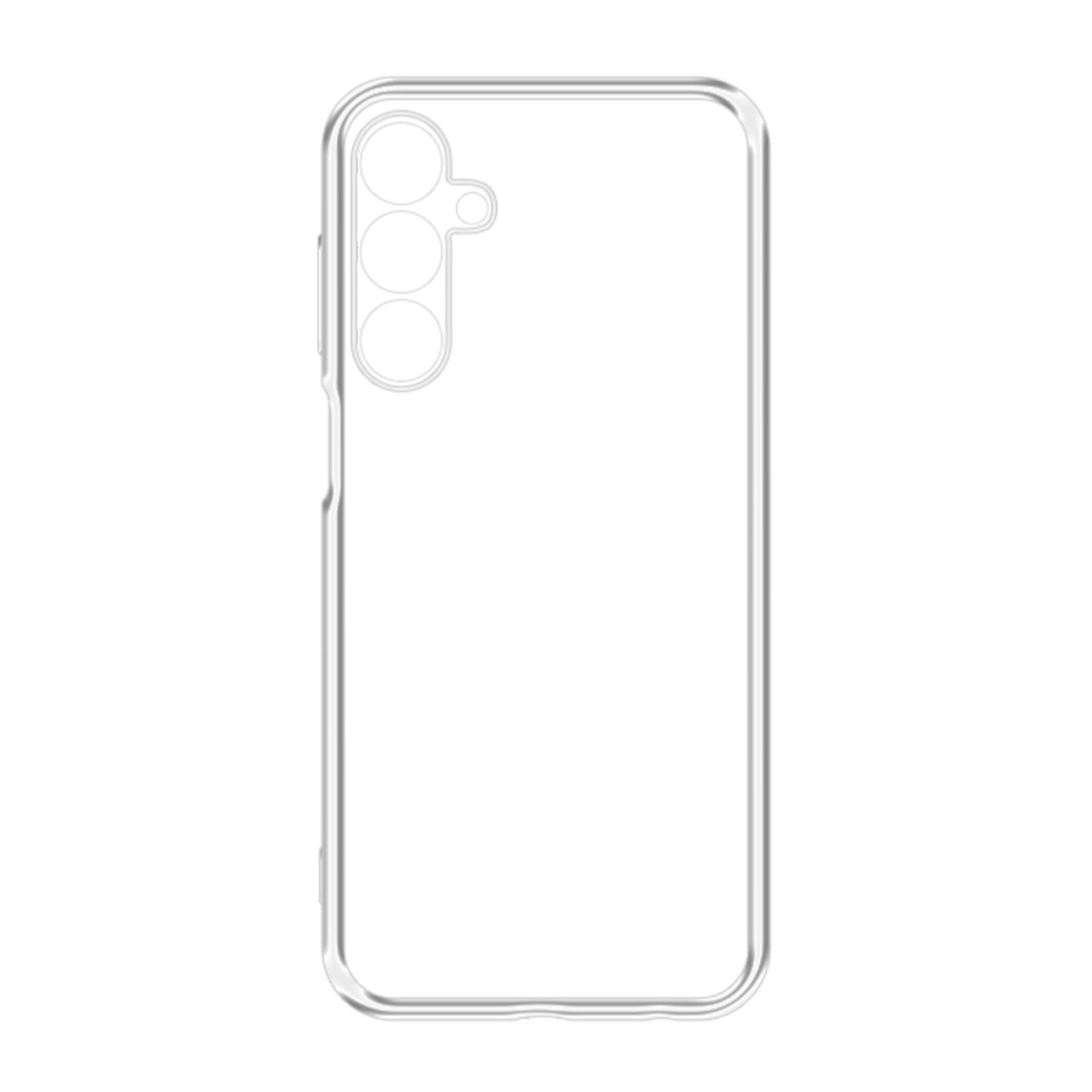 Contorno di custodia trasparente per telefono su sfondo bianco, mostra ritagli per fotocamera e pulsanti.