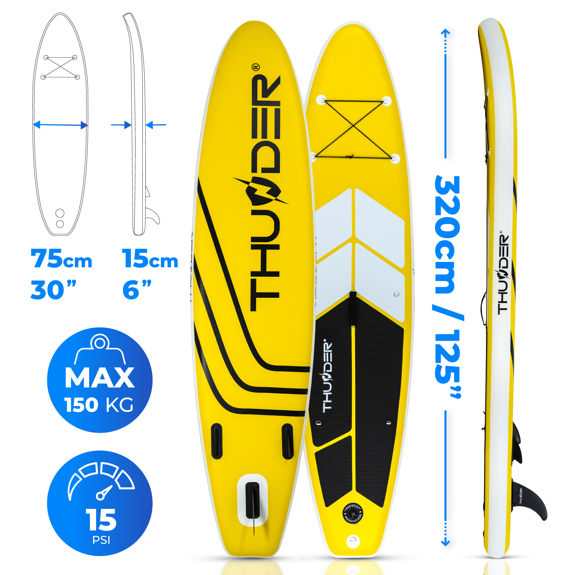 Żółta deska do wiosłowania z czarnymi akcentami, pokazane wymiary, z logo 'THUNDER' i wskaźnikiem maksymalnej wagi.