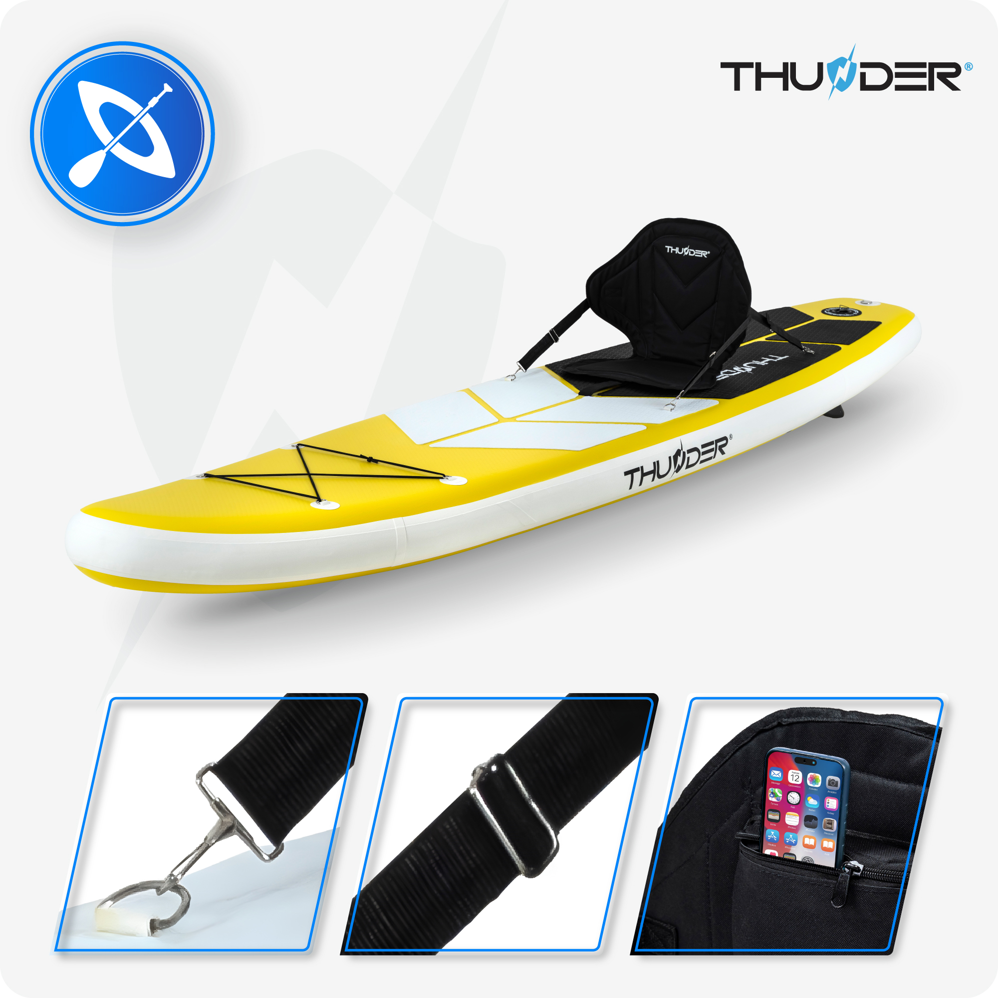 Żółta deska do wiosłowania z czarnym siedzeniem, wiosłem i telefonem w kieszeni, pokazana z ikoną kajaka.