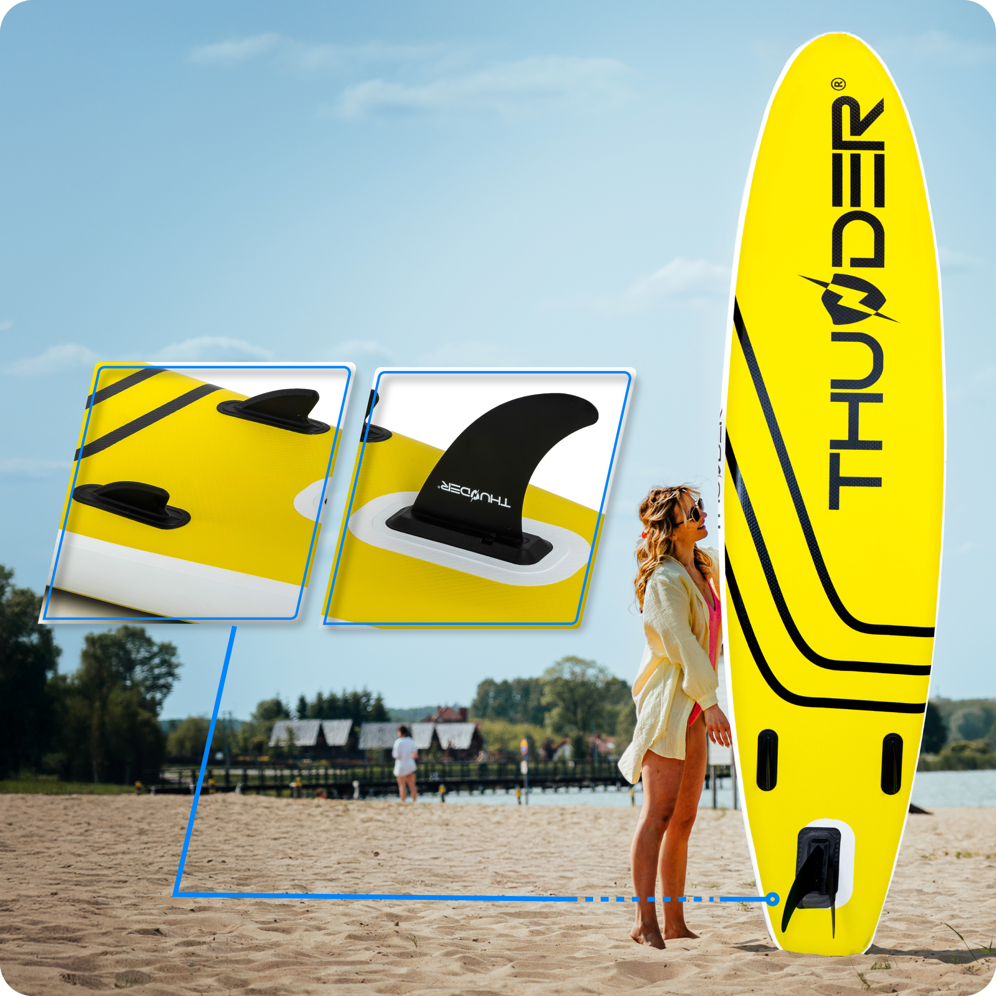Kobieta w pobliżu żółtej deski do wiosłowania na plaży, ze szczegółami płetw i marki, tło błękitnego nieba.