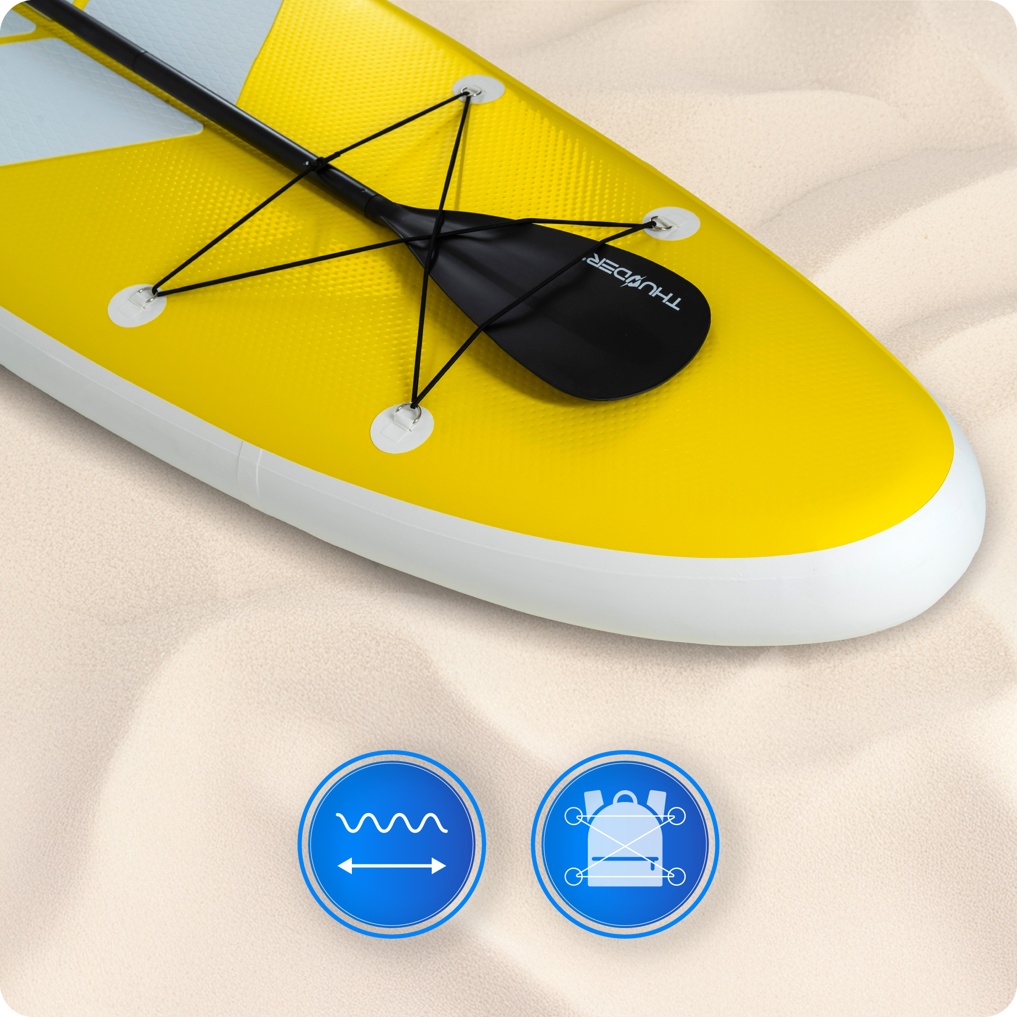 Żółta deska do wiosłowania z wiosłem i szczegółami deski i logo, z ikonami fali i plecaka.