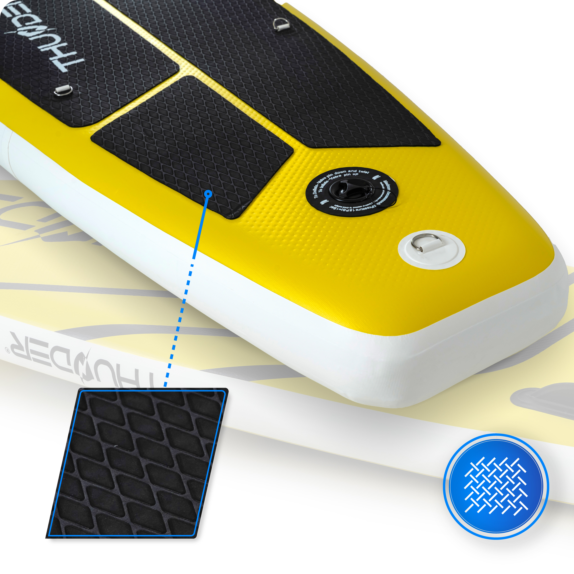Żółta deska do wiosłowania z czarnymi podkładkami antypoślizgowymi, zbliżenie na wzór uchwytu, ikona siatki.