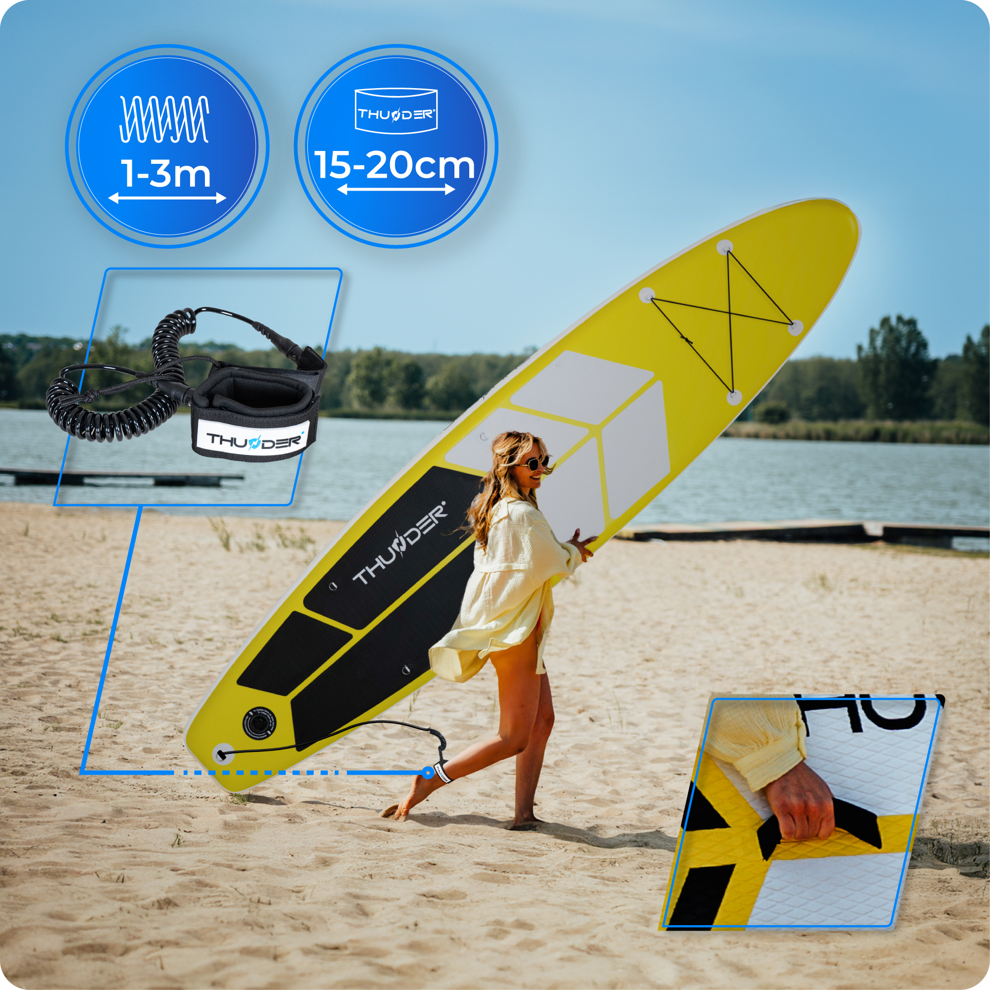 Kobieta niosąca żółtą deskę do wiosłowania na plaży, ze smyczą i zbliżeniem na wzór deski.